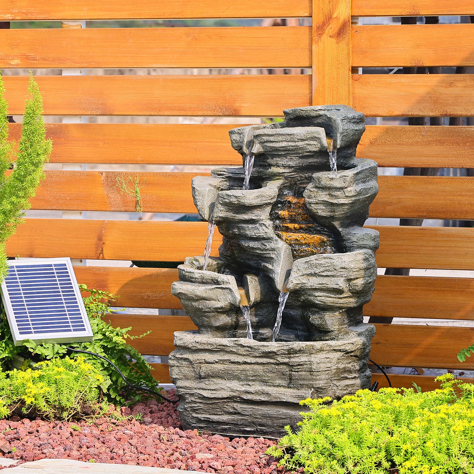 6 Tier Solar Powered Cascading Rock Water Fountain with LED Lights - 24.4