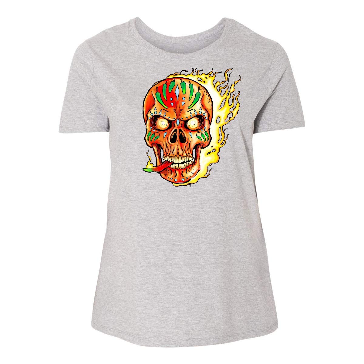 Inktastic Hot Sauce Hot Pepper Skull ON FIRE Women's Plus Size T-Shirt - Spicy Lovers Graphic Tee for Casual Wear, Concerts & Halloween Costumes