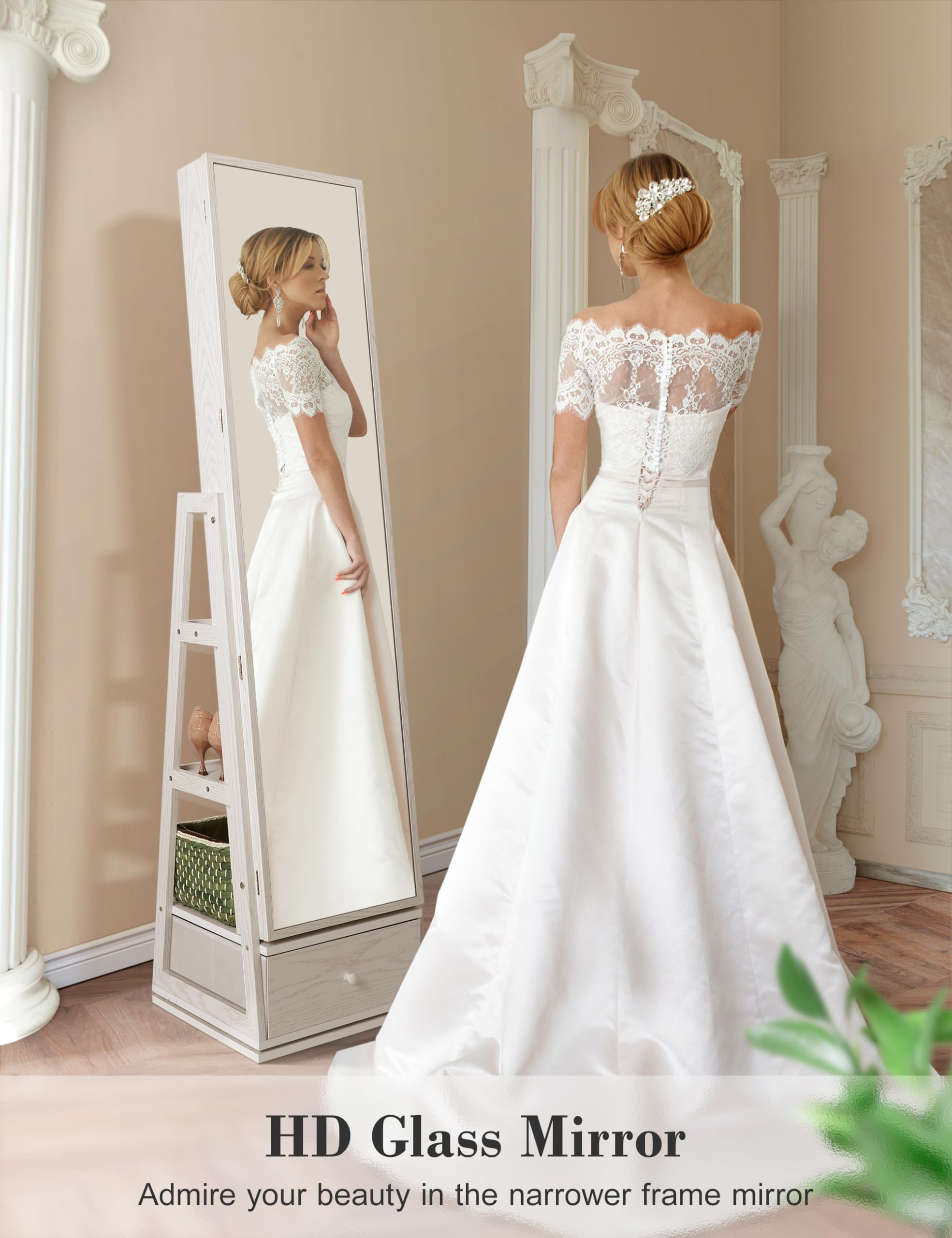 360° Swivel Jewelry Cabinet with LED Lights & Touch Screen Mirror - Rotating Full Length Vanity Mirror with Jewelry Storage Organizer, White Foldable Makeup Stand | Perfect for Bedroom, Dressing Room & Closet Organization