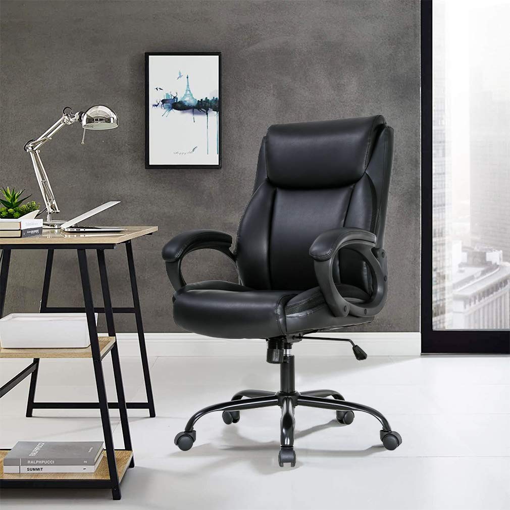 Big and Tall Office Chair for Heavy People - Ergonomic High Back Gaming Chair with Lumbar Support, Cushioned Leather Racing Seat, Swivel Rolling Computer Desk Chair (Black) - Perfect for Home Office, Gaming Setup, and Long Work Sessions