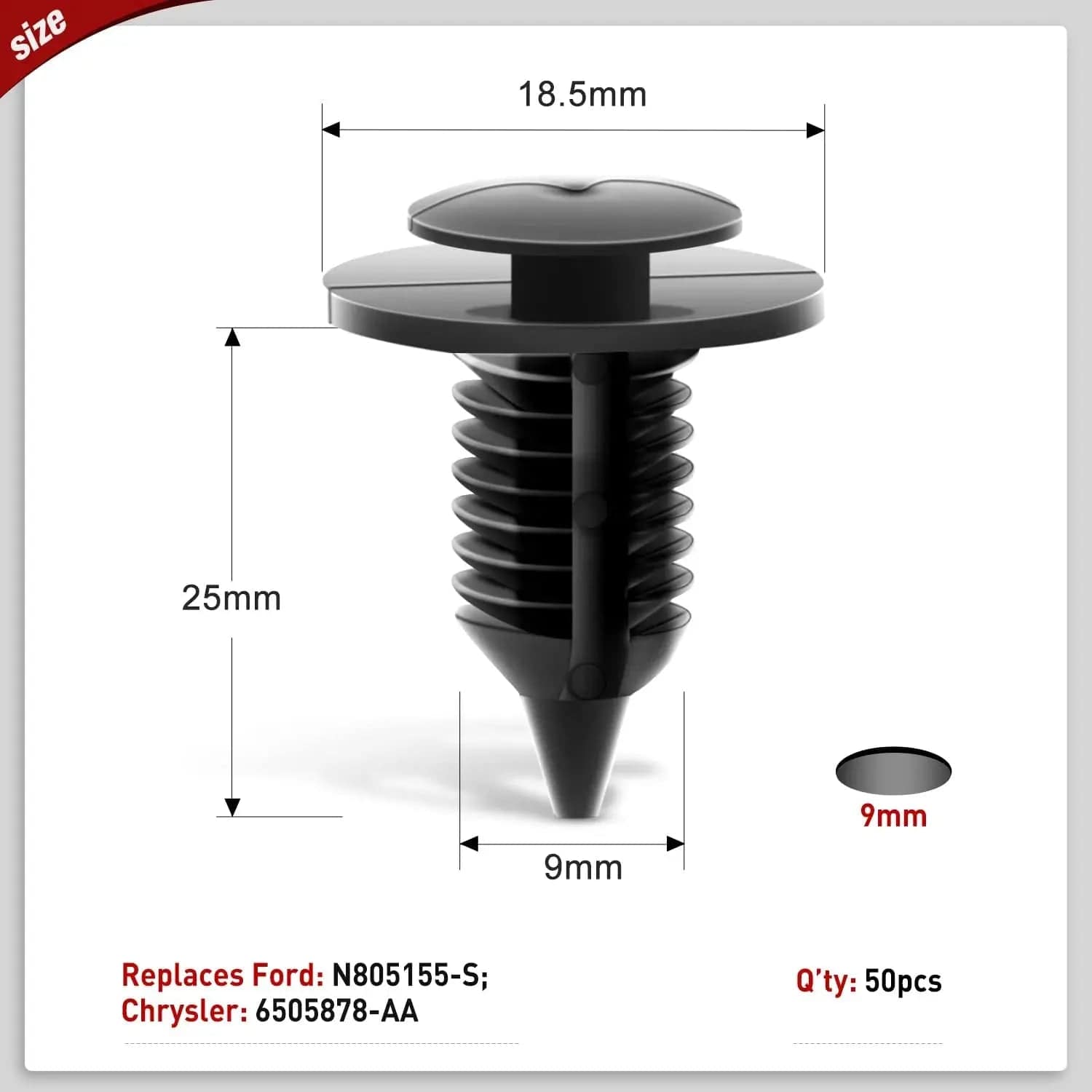 50 Pcs 9mm Interior Door Panel Clips Rivet Retainer Fasteners - OEM N805155 S & 6505878 AA - Perfect for Car Door Panel, Fender and Bumper Repair