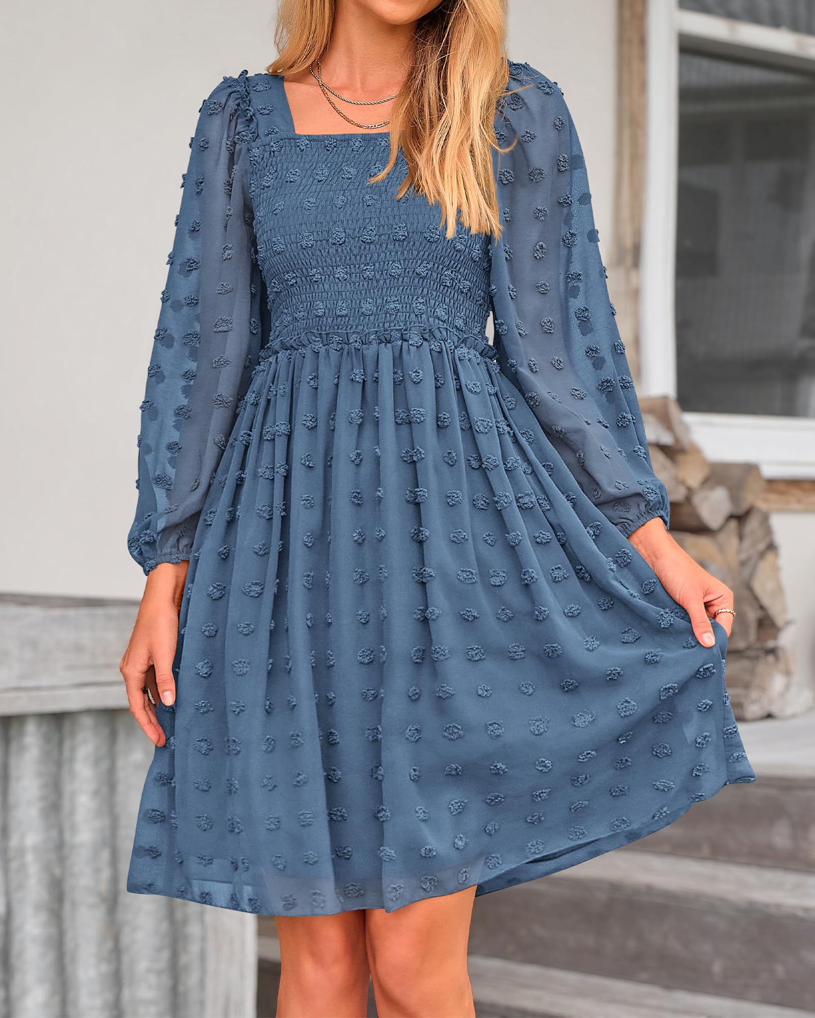 BTFBM Women's Square Neck Smocked Floral Swiss Dot Mini Dress - Long Sleeve Boho Wedding Guest Dress for Spring Summer 2025 | Perfect for Garden Parties, Bridal Showers & Date Nights
