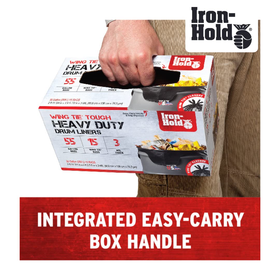 Heavy Duty 55 Gallon Contractor Trash Bags - 15 Pack, 3 MIL Thick with Wing Tie Closure & Gusseted Bottom - Industrial Strength Black Garbage Bags for Construction Sites, Commercial Use and Large Waste Disposal