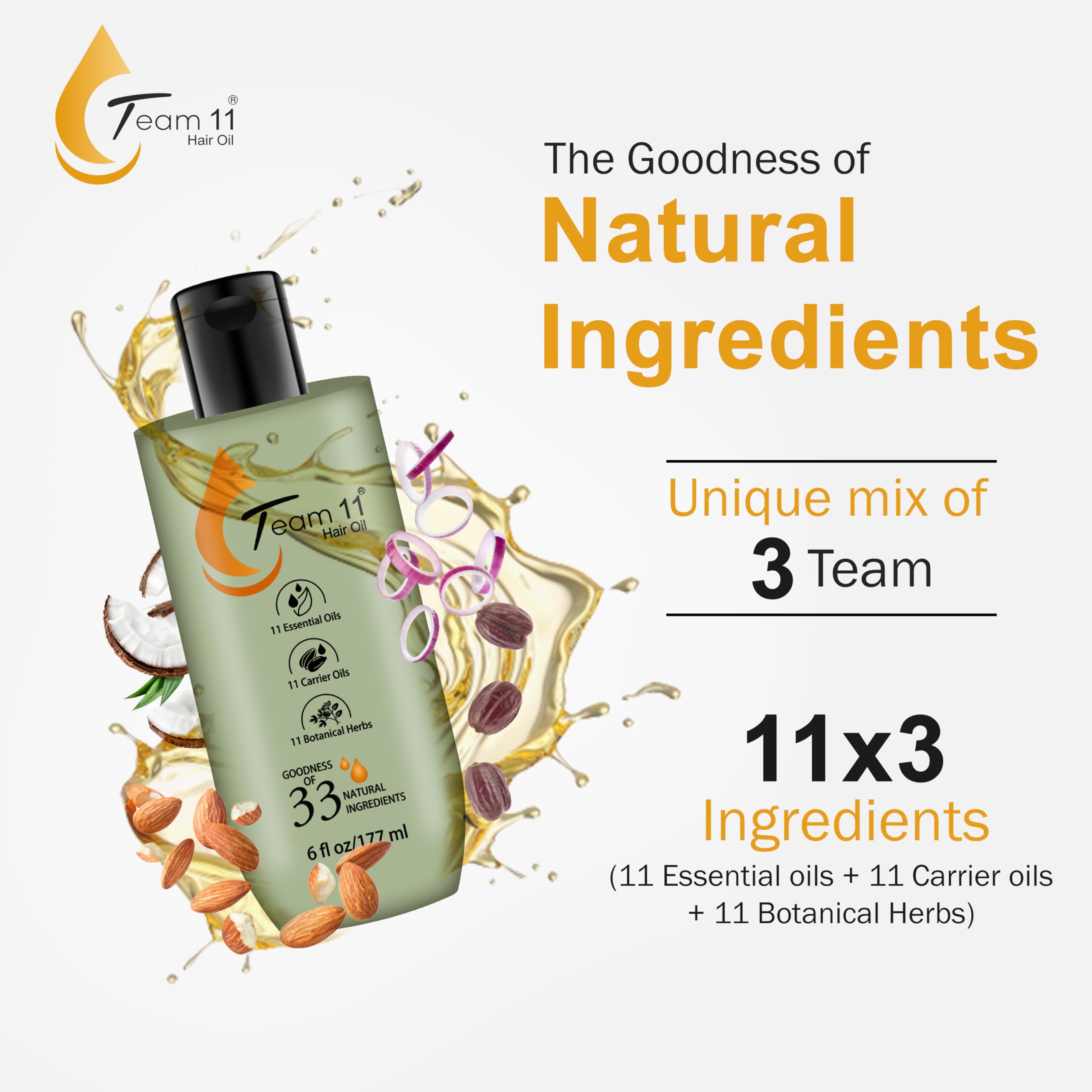 Team 11 Hair Growth Oil - Natural Blend with Argan, Jojoba, Rosemary & Castor Oils | Herbal Infusion with Amla, Brahmi & Bhringraj | 6oz for Stronger, Healthier Hair | Perfect for Daily Scalp Massage & Split End Treatment