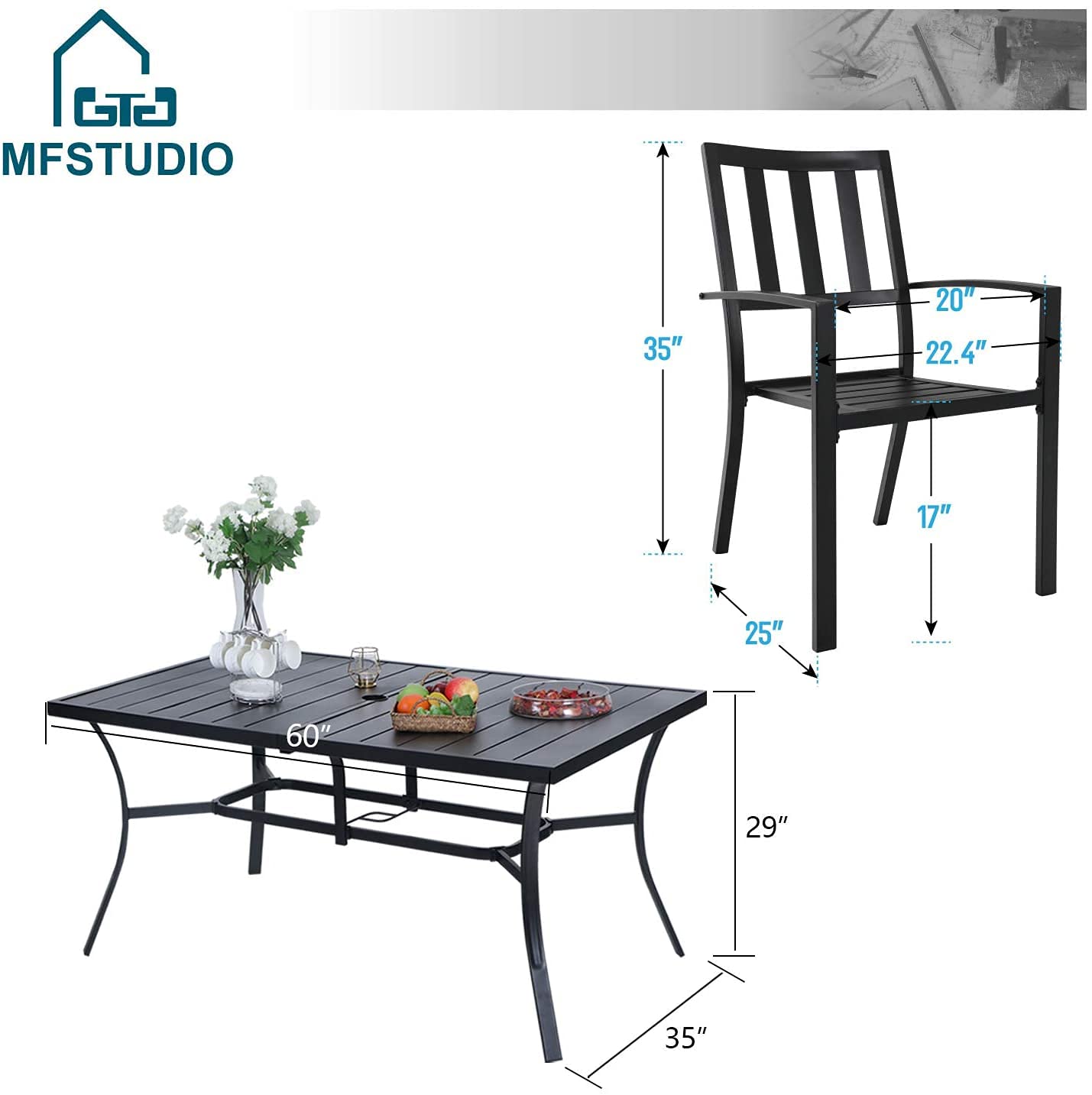 MFSTUDIO 8-Piece Patio Dining Set with 6 Steel Slat Chairs, 1 Metal Rectangular Table & 13ft Double-Sided Umbrella (Orange Red) - Outdoor Furniture for Garden, Backyard, Poolside & Restaurant Use