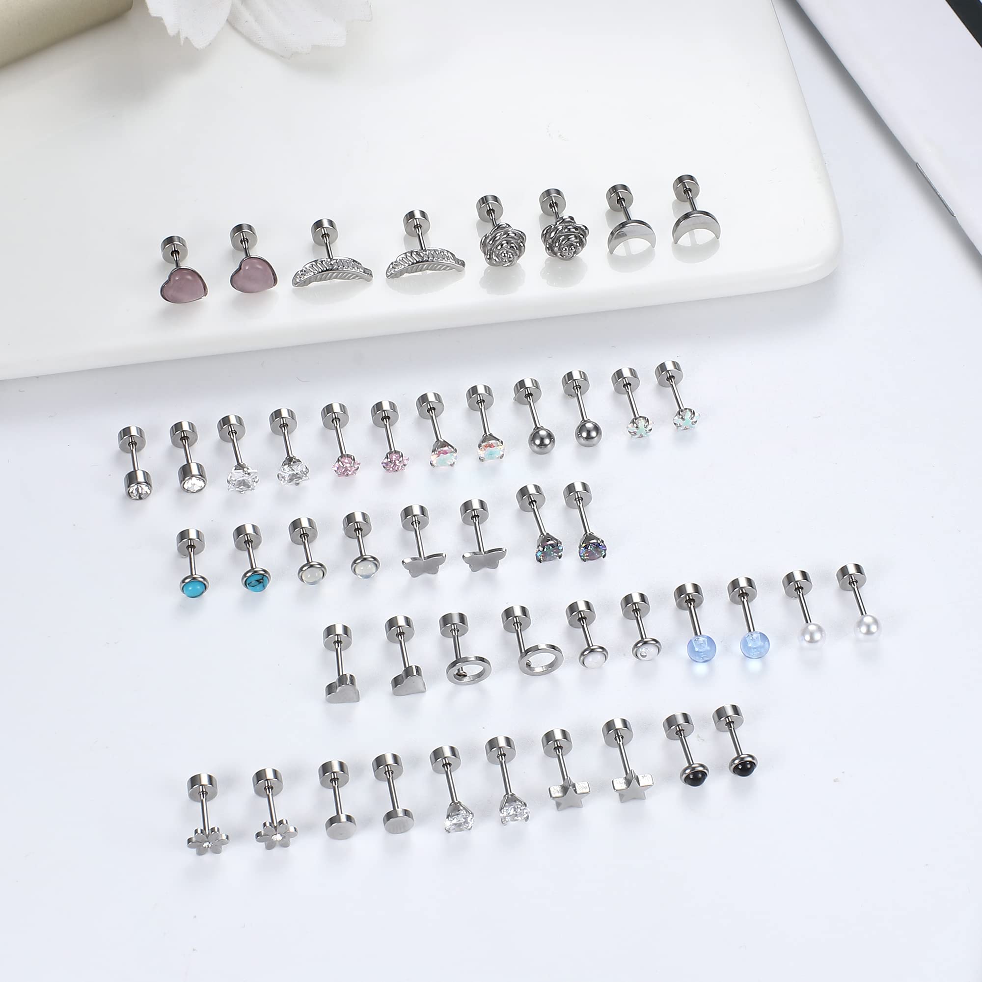 KRFY 24 Pairs Stainless Steel Stud Earrings for Women & Girls - Small Silver Flatback Cubic Zirconia Geometric Studs Set | Perfect for Everyday Wear, Gifts & Special Occasions