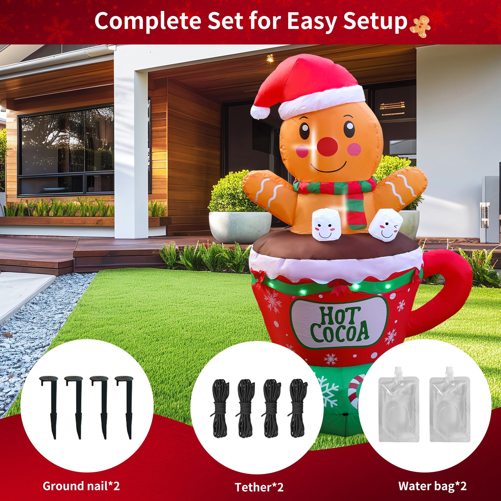 6ft LED Gingerbread Man & Hot Cocoa Cup Inflatable Christmas Decorations - Outdoor Holiday Yard, Lawn & Garden Decor for Xmas Party, Home, Neighborhood Festivities