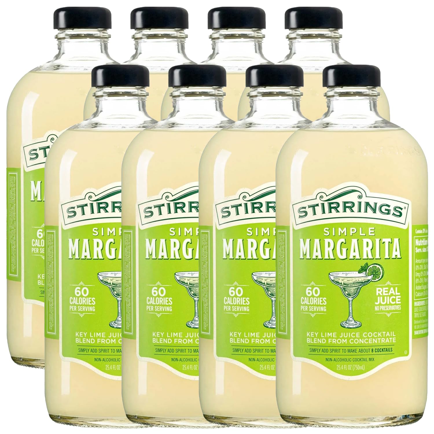 Stirrings 8-Pack Margarita Cocktail Mix 750ml Bottles - All Natural Real Juice No Preservatives - Low Calorie 90kcal Drink Mixer - Perfect for Parties, BBQs & Summer Cocktails