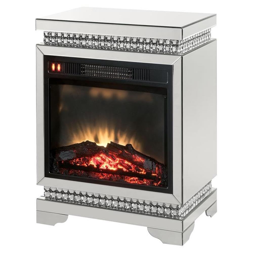 ACME Lotus Electric Fireplace with Mirrored Finish & Faux Ice Crystals - Modern Indoor Heating for Living Room, Bedroom, and Office Decor