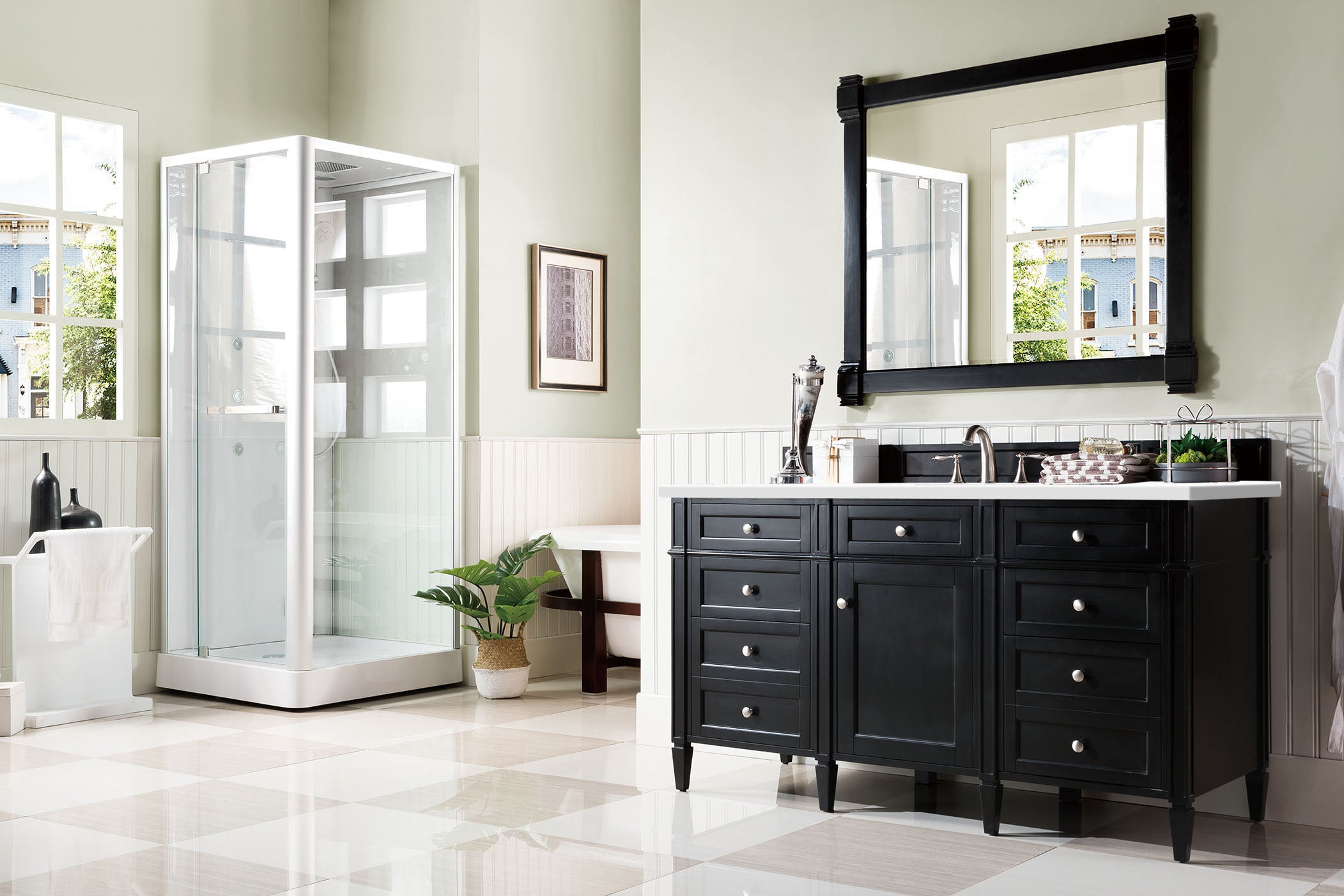 Brittany 60 Inch Single Bathroom Vanity Set with Black Onyx Base & 3CM Classic White Quartz Countertop - Perfect for Modern Master Bathrooms and Powder Rooms