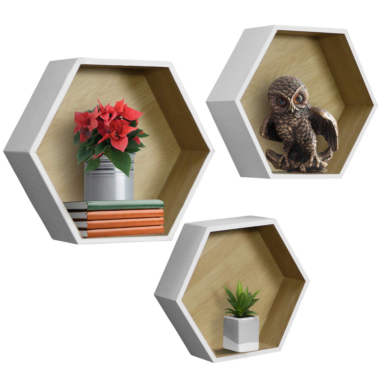Sorbus Hexagon Floating Shelves Set of 3 - Modern Honeycomb Wall Mounted Shelves for Home Decor, Displaying Collectibles, Photo Frames, Plants - White | Perfect for Living Room, Bedroom, Office Organization