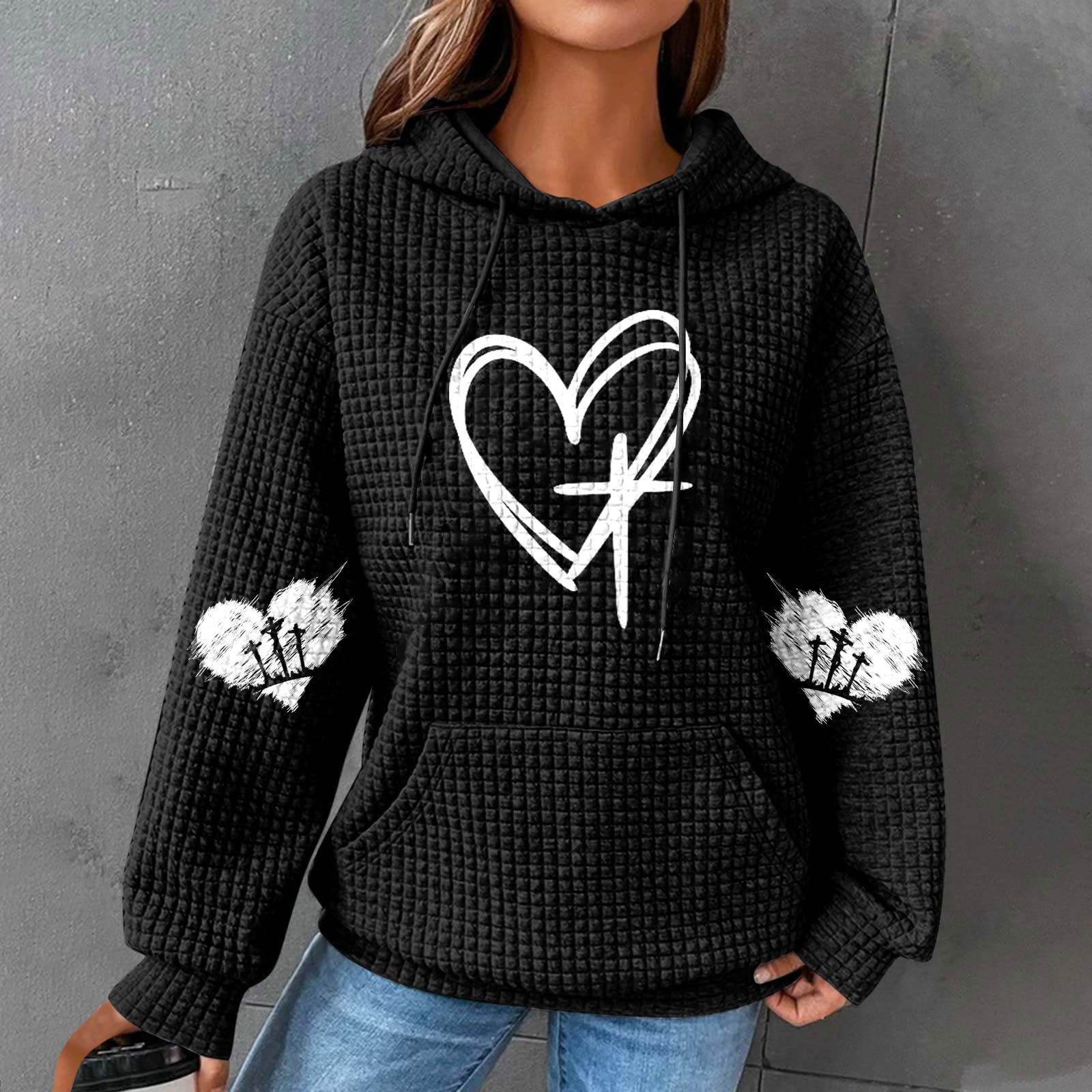 Oelaio Women's Casual Sweatshirt - Waffle Knit Hoodie with Drawstring & Heart Print, Long Sleeve Oversized Pullover for Women | Perfect for Fall Outfits, Lounge Wear and Date Nights