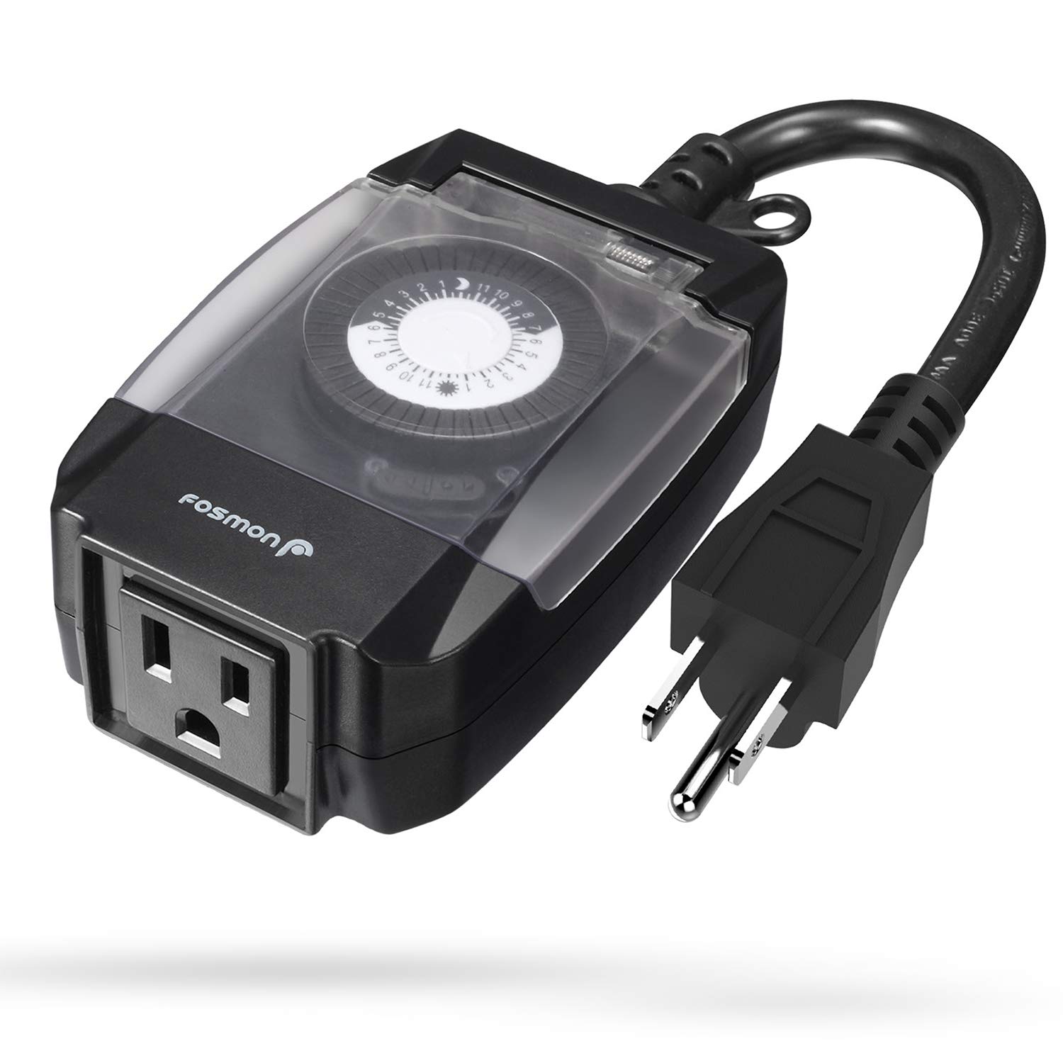 Fosmon Outdoor Light Timer Outlet - Waterproof 24-Hour Mechanical Pool Pump Timer, Heavy Duty 15A 1/2HP, 3-Prong Grounded Plug for Outdoor Lighting, Pools & Garden Equipment | Weatherproof & Durable for Patio, Backyard & Landscape Use