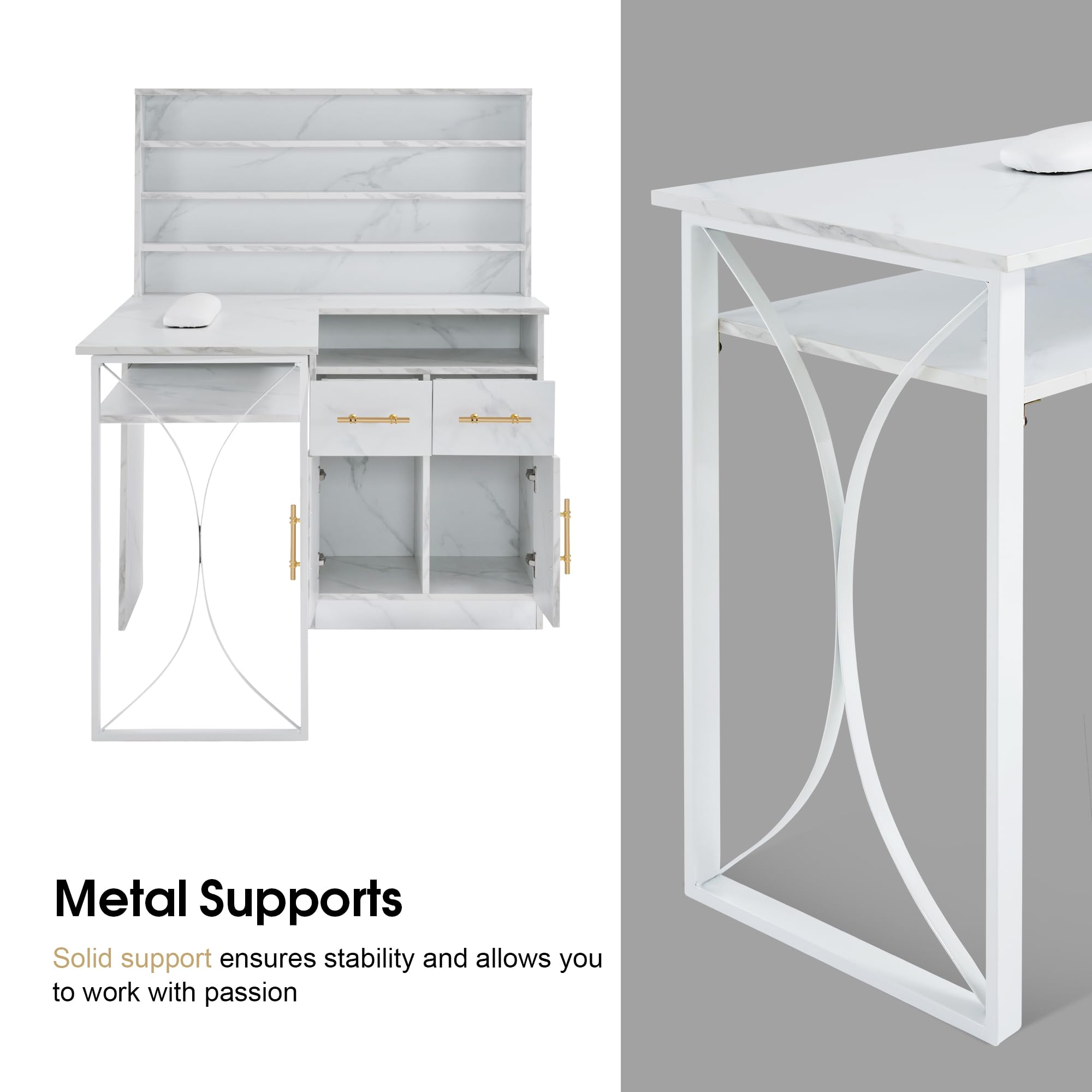 Professional L-Shaped Nail Salon Desk with Storage Drawers & Cabinets - White Manicure Workstation for Efficient Organization | Perfect for Home & Salon Use