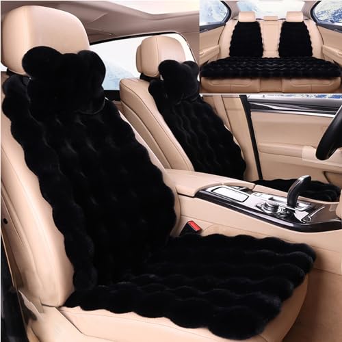 Premium Thick Plush Car Seat Cushion Set - Ultra Soft Fluffy Faux Rabbit Fur Seat Protectors with Non-Slip Backing for Front & Back Seats (Black, 9-Piece Set) - Perfect for Winter Warmth & Long Drive Comfort