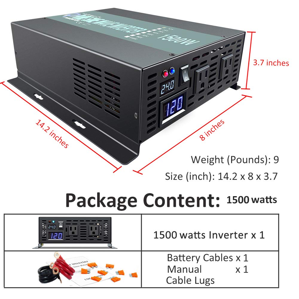 1500W 24V to 120V Pure Sine Wave Power Inverter with Remote Control - Solar Energy Converter for RV, Boat, Off-Grid & Emergency Power Backup
