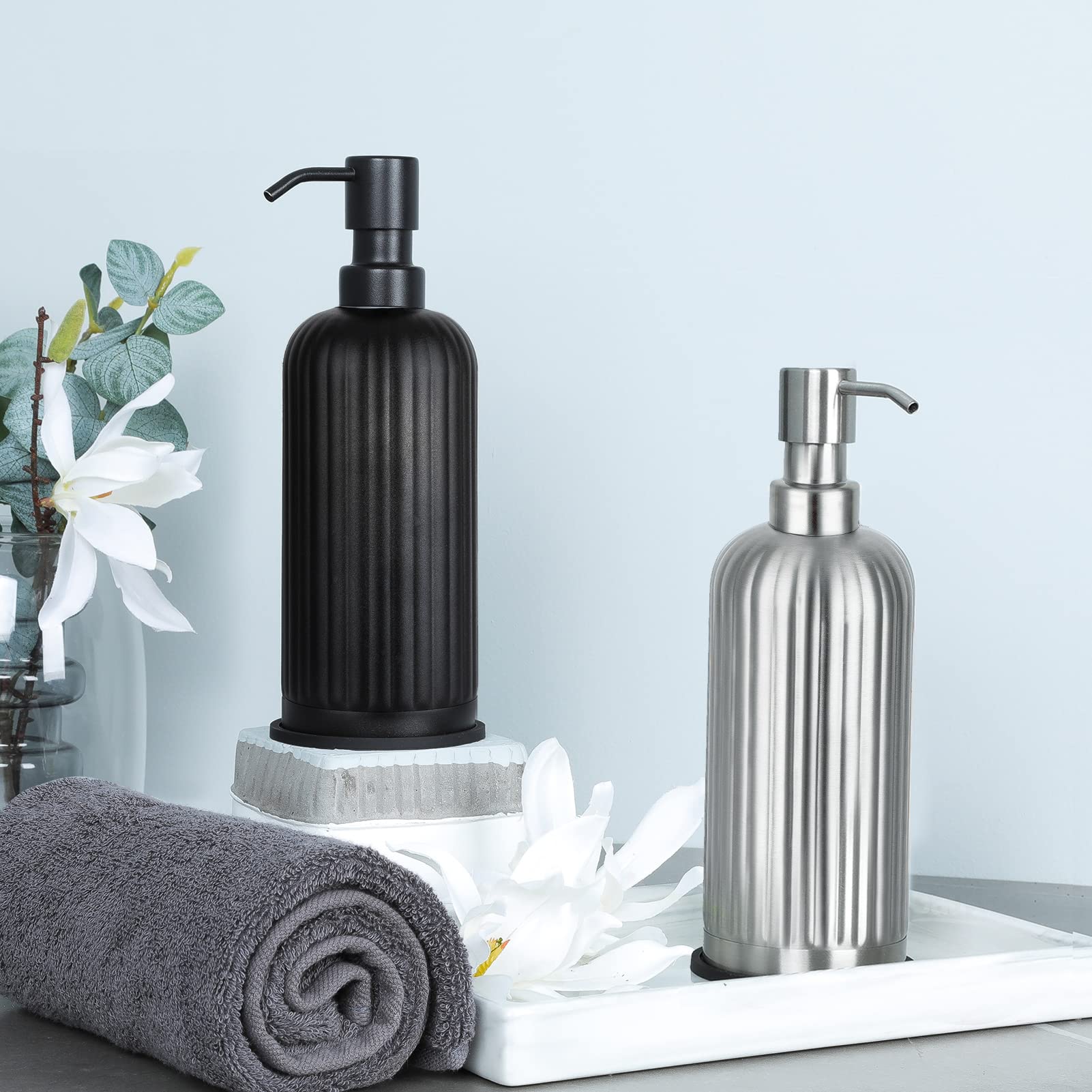 18 Oz Vertical Stripe Soap Dispenser with Coaster - Matte Black, Refillable Liquid Hand Soap Dispenser for Bathroom & Kitchen, Premium Stainless Steel Soap Pump - Perfect for Home, Office, and Restaurant Use
