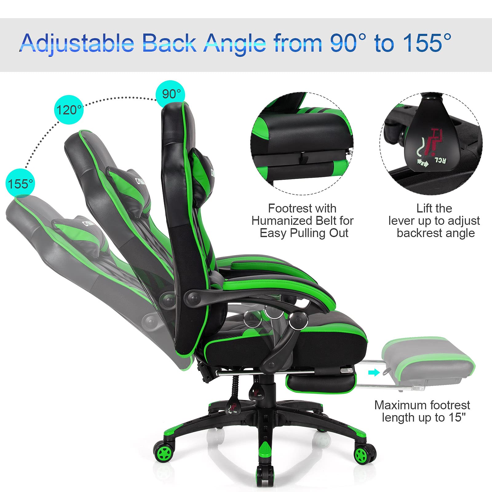 GYMAX Ergonomic Gaming Chair with Footrest, Adjustable Linkage Armrests & Lumbar Support - High Back Reclining Office Computer Chair for Adults & Teens - Perfect for Esports, Streaming & Home Office (Green)