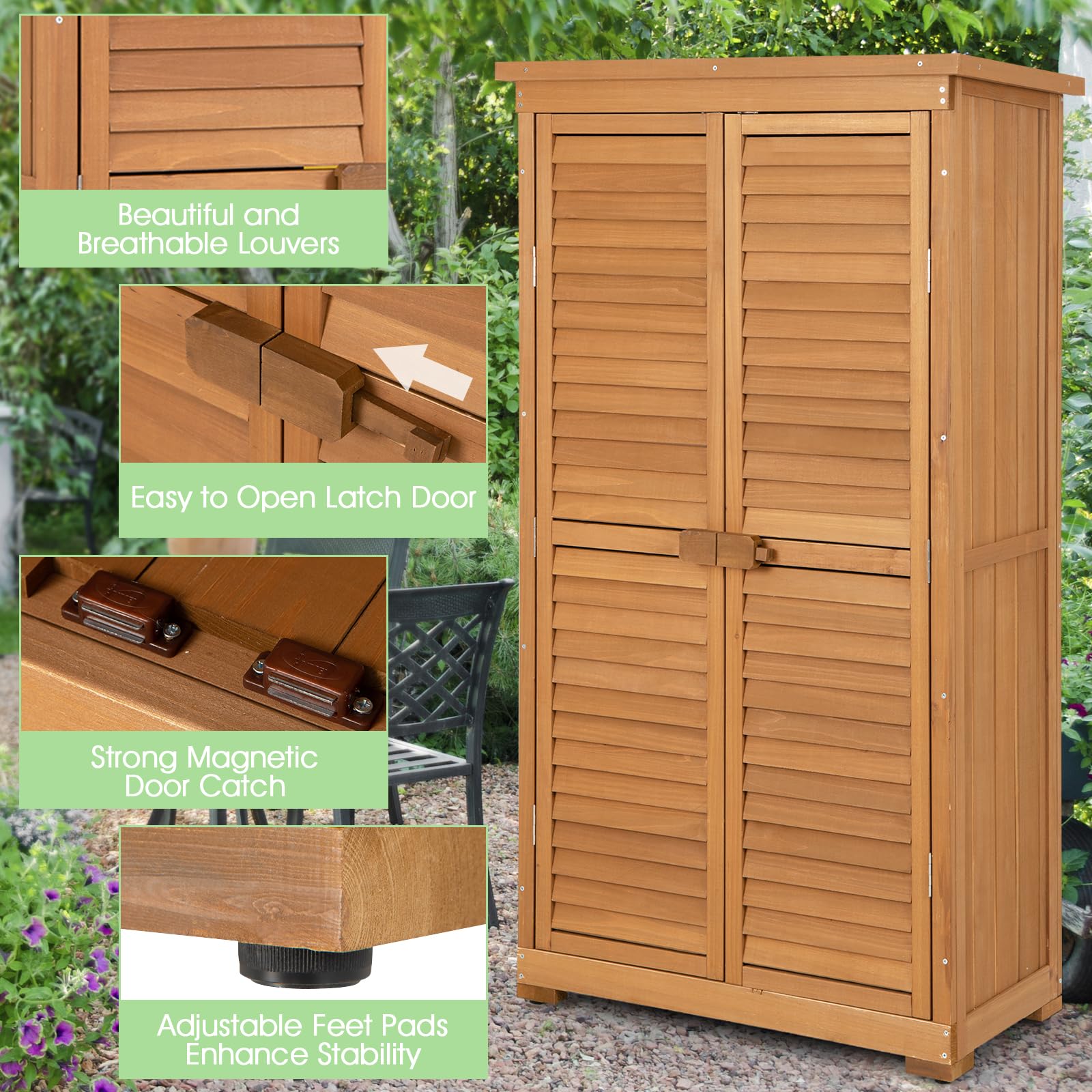 Goplus Outdoor Storage Cabinet - Weatherproof Wooden Shed with Lockable Latch, Adjustable Shelves & Durable Pitch Roof - Perfect Vertical Garden Tool Organizer for Backyard, Patio, Deck & Garage Storage (Ideal for Storing Lawn Equipment, Gardening Tools & Outdoor Accessories)