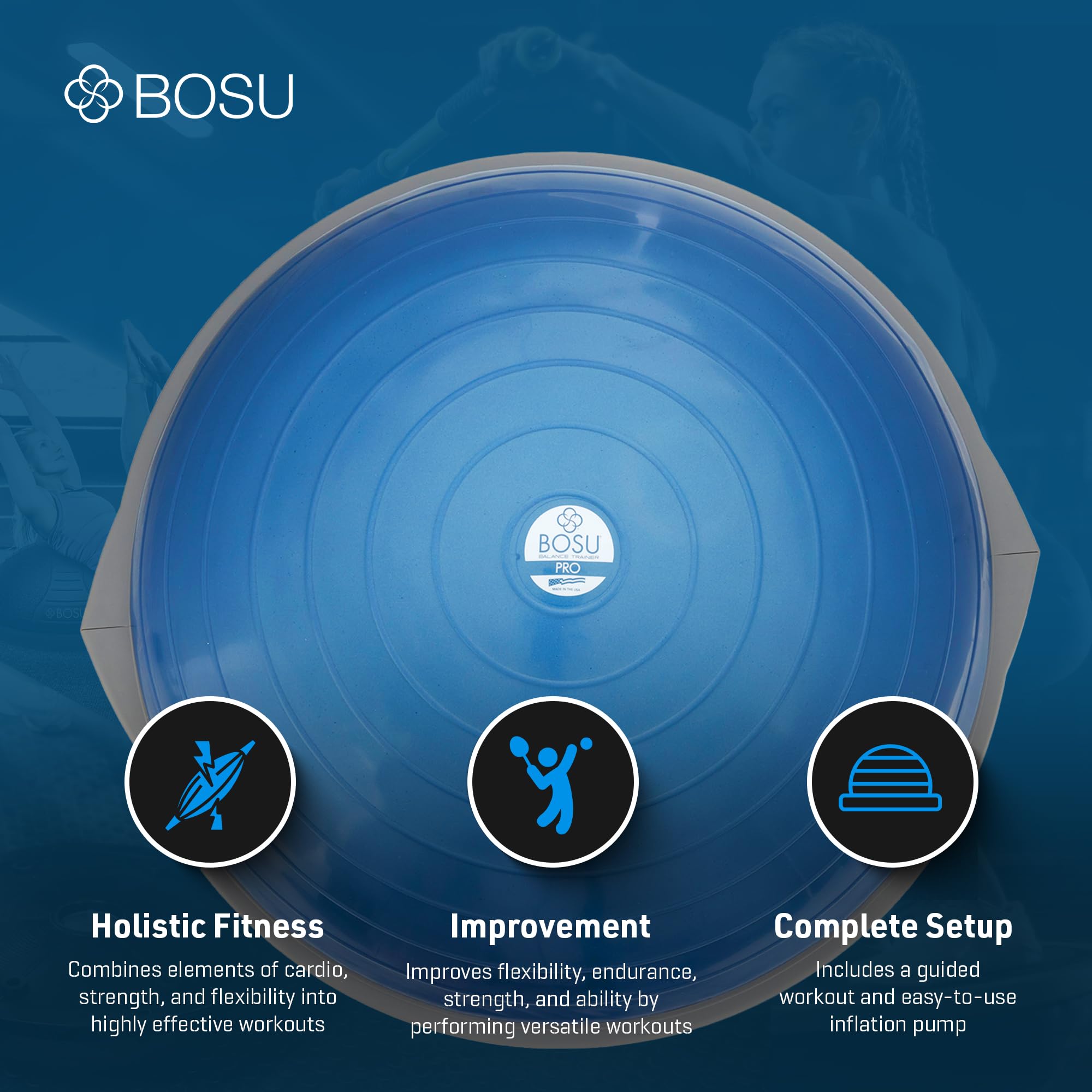 Bosu Pro Balance Trainer Ball - Home Gym Equipment for Full Body Workouts, Strength Training & Stability Exercises | Includes Pump & Guided Workouts | Perfect for Yoga, Pilates & Home Fitness Routines