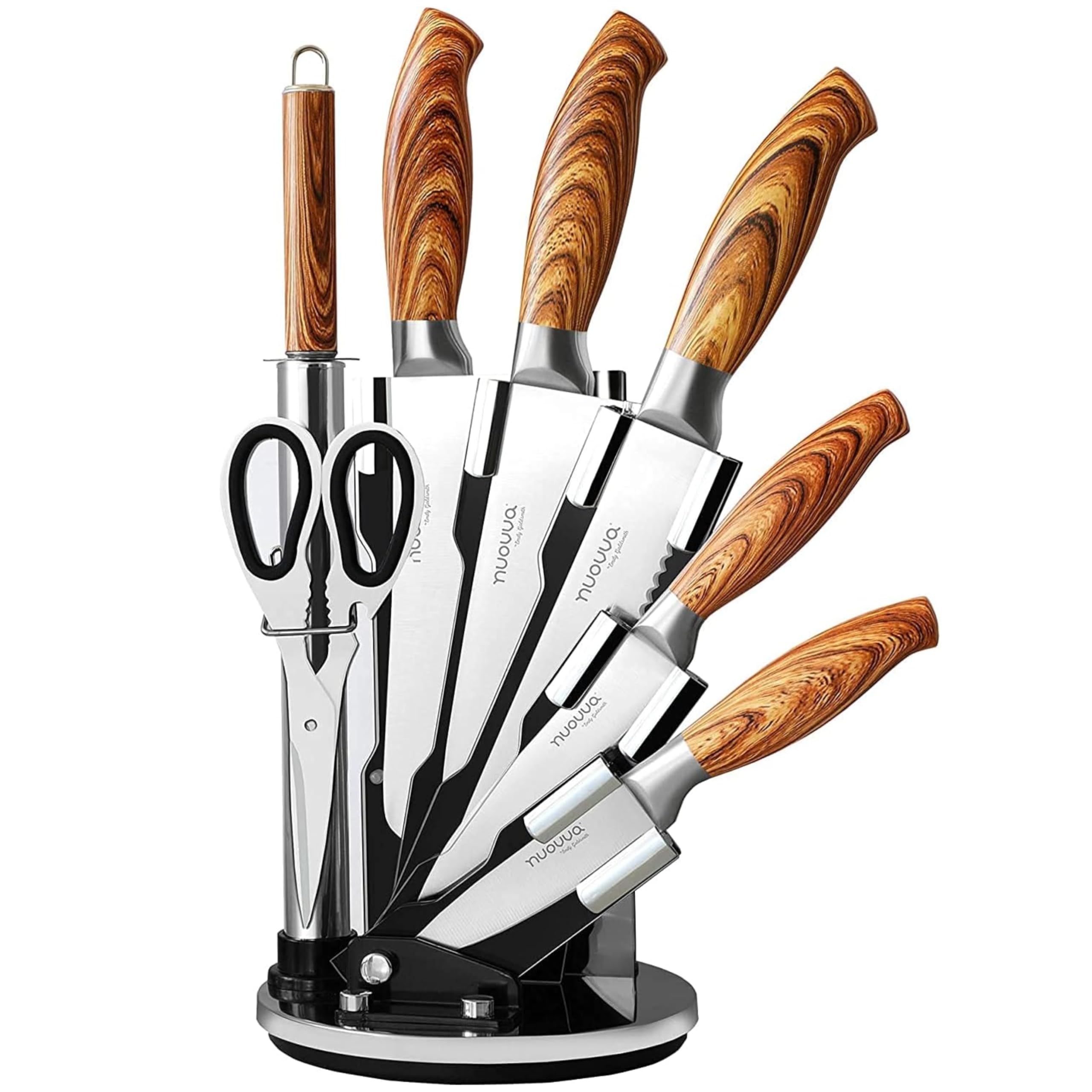 Premium 7-Piece Stainless Steel Kitchen Knife Set with 360° Rotating Acrylic Block - Professional Chef Knives for Meat, Vegetables & Fruits - Perfect for Home Cooking & Restaurant Use by Nuovva