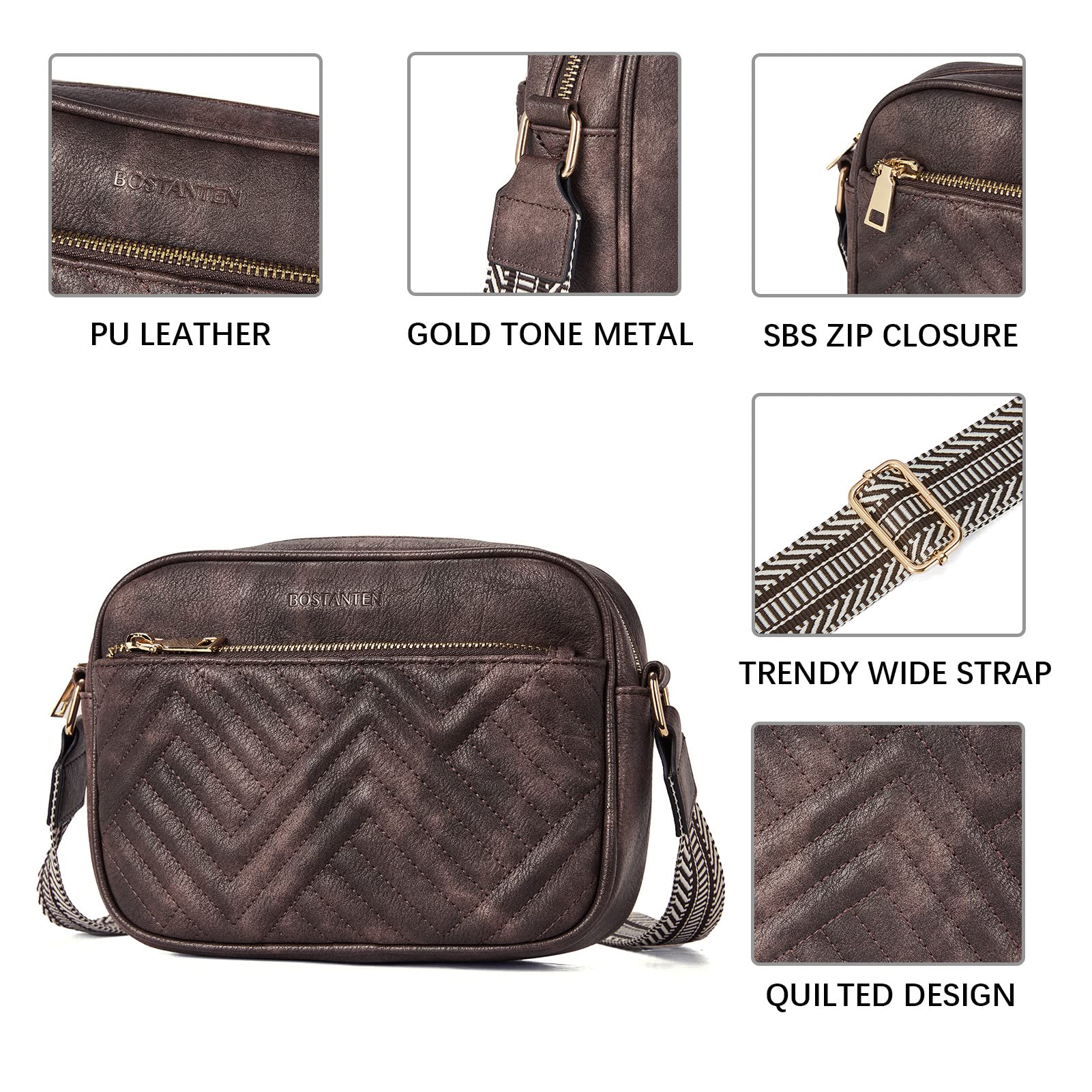 BOSTANTEN Vegan Leather Quilted Crossbody Bag for Women - Small Shoulder Purse with Wide Adjustable Strap - Perfect for Work, Travel & Everyday Use