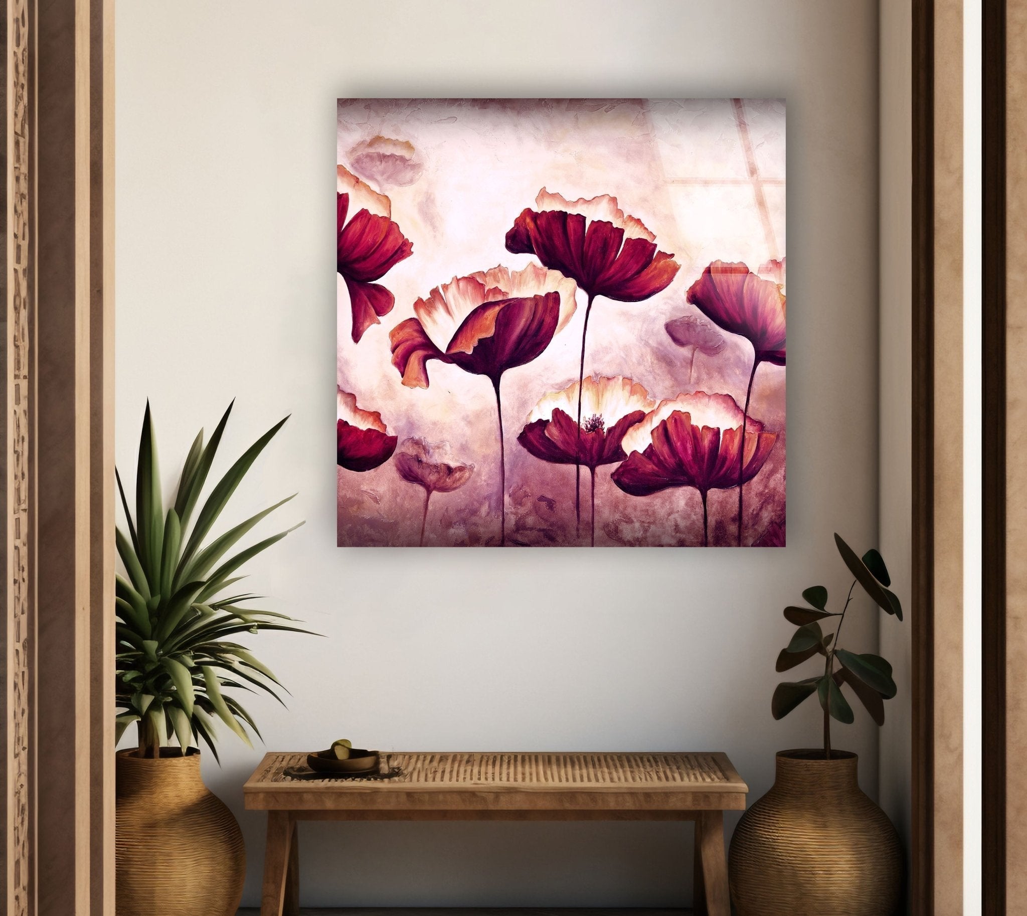 Abstract Pink Poppy Glass Wall Art - Modern Floral Home Decor for Living Room, Bedroom, Office - Handmade Stained Glass Window Hanging for Boho, Farmhouse & Contemporary Interior Design