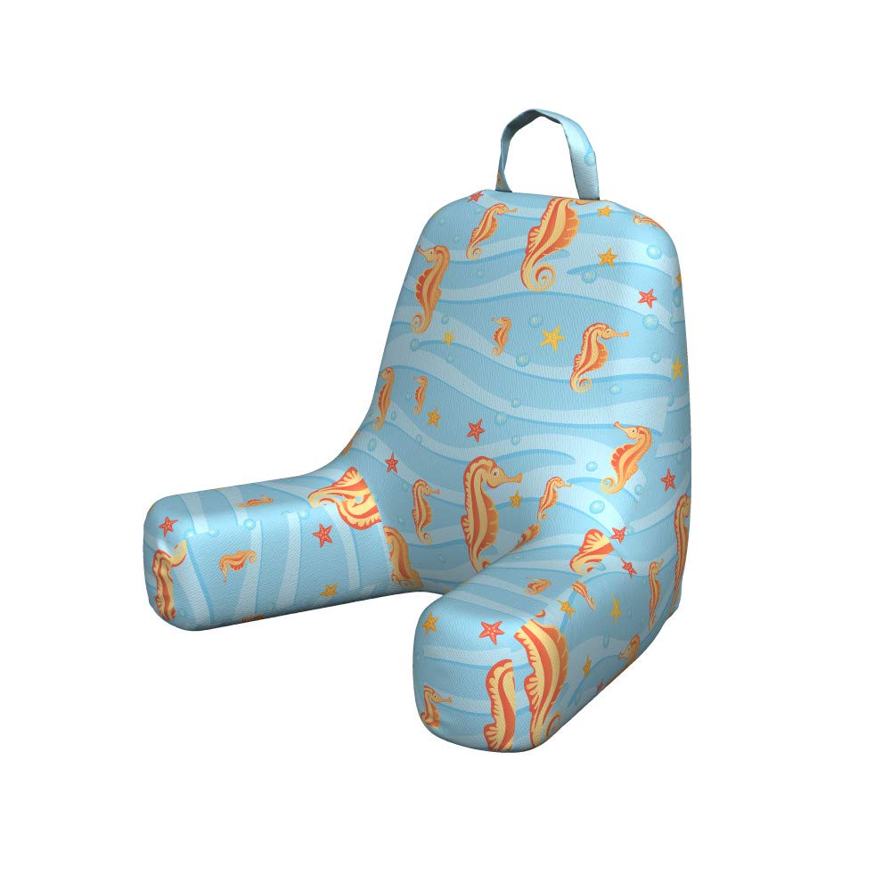 Ambesonne Animal Bedrest Pillow with Back Pocket - Seahorse & Sea Star Water Bubbles Design, Tropical Wave Coastal Decor, Shredded Foam Support for Reading - Small Size in Orange & Blue - Perfect for Living Room, Bedroom or Dorm Decor