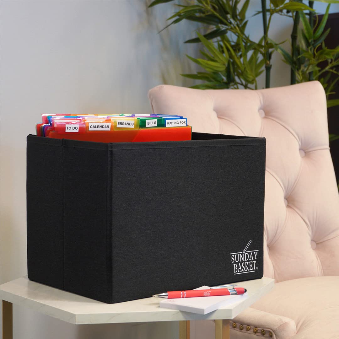 Paper Organizer & Document Holder - Home Office File Storage Box | The Complete Sunday Basket® System by Organize 365® (Basic Black) | Perfect for Desk Organization, Mail Sorting & Office Supplies Storage