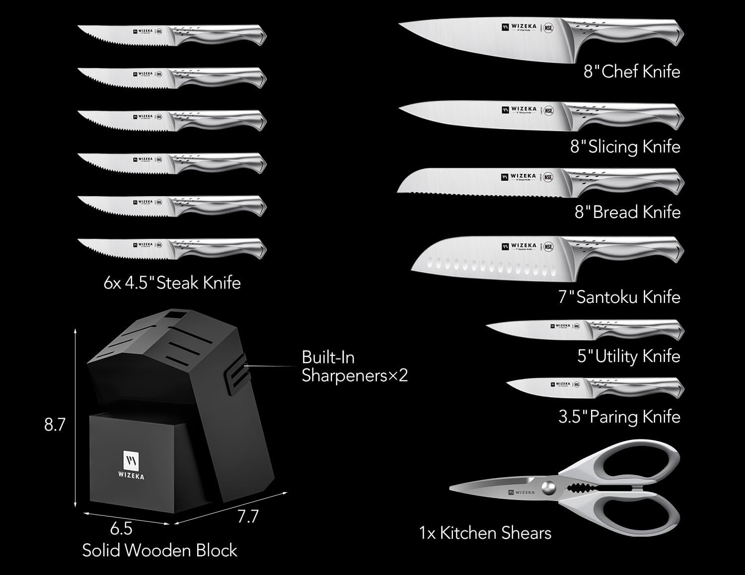 15-Piece Professional Chef Knife Set with Block - Razor Sharp German Stainless Steel Kitchen Knives with Sharpener | Jaguar Series | Perfect for Home Cooking, Restaurant Use & Gift Giving
