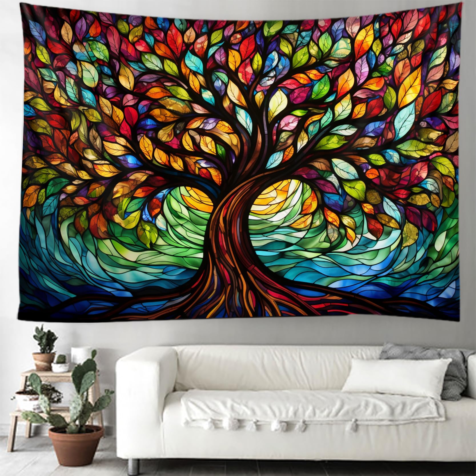 Tree of Life Wall Hanging Tapestry - Stained Glass Colorful Bohemian Wall Art Decor for Living Room, Bedroom, Dorm - Large Photographic Backdrop, Blanket Curtain for Home Decoration & Meditation Space