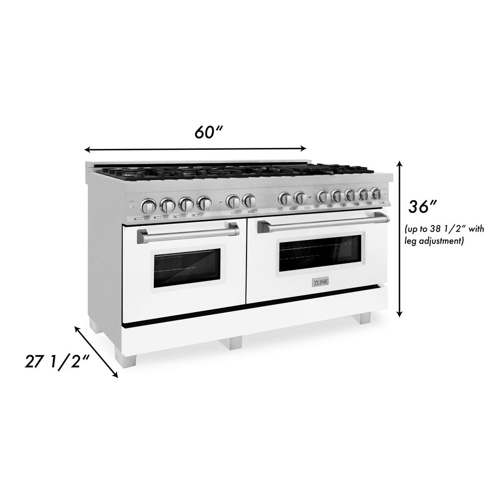 ZLINE 60-inch 7.4 cu.ft Dual Fuel Range with 9-Burner Gas Cooktop & 2 Electric Convection Ovens - Satin Stainless Steel with White Matte Doors (RAS-WM-60) | Professional Kitchen Appliance for Home Chefs & Cooking Enthusiasts