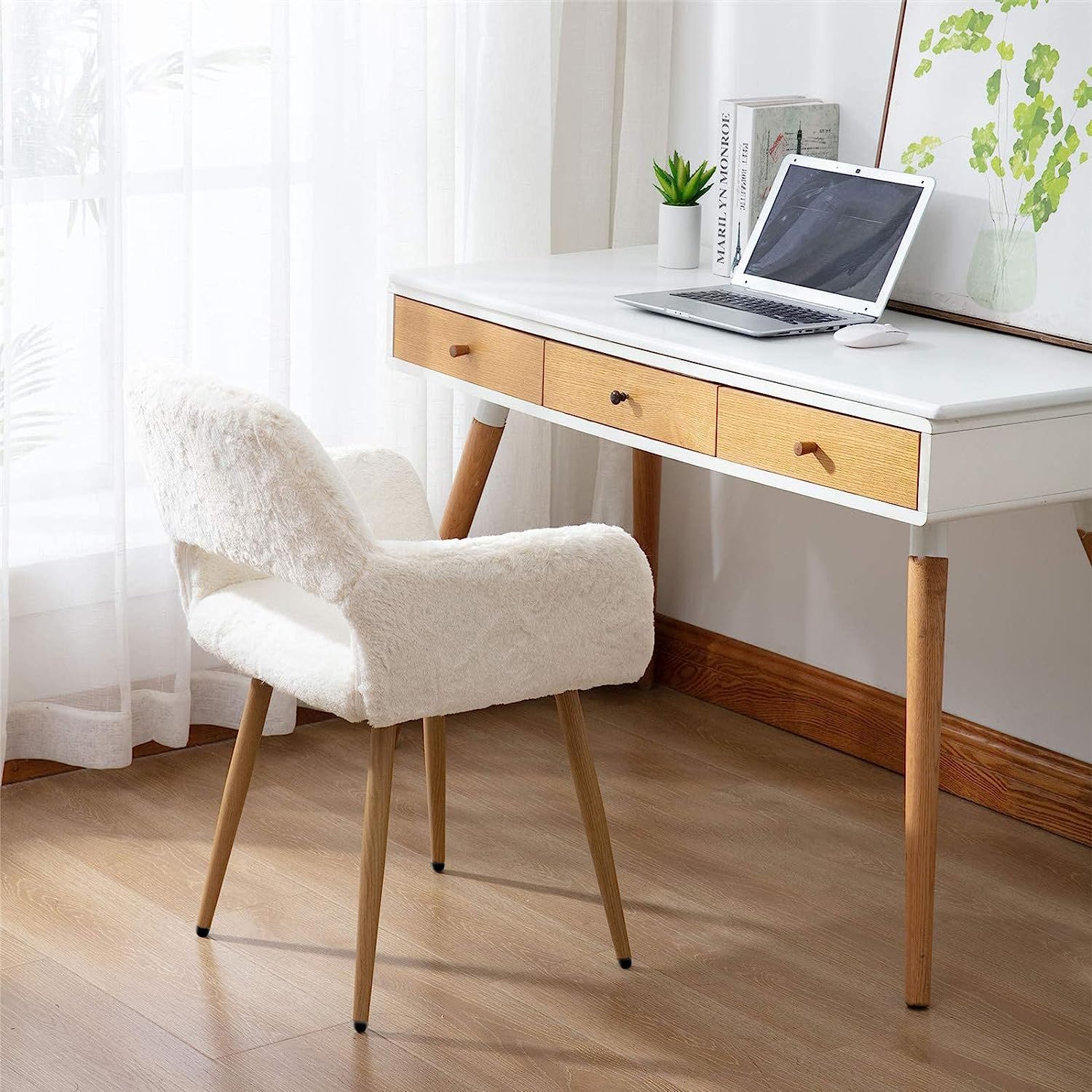 Luxury White Faux Fur Office Chair with Wood Finish Metal Legs - Soft Fluffy Vanity Chair for Girls & Teens - Perfect for Home Office, Makeup Desk, Dining Room & Study Area