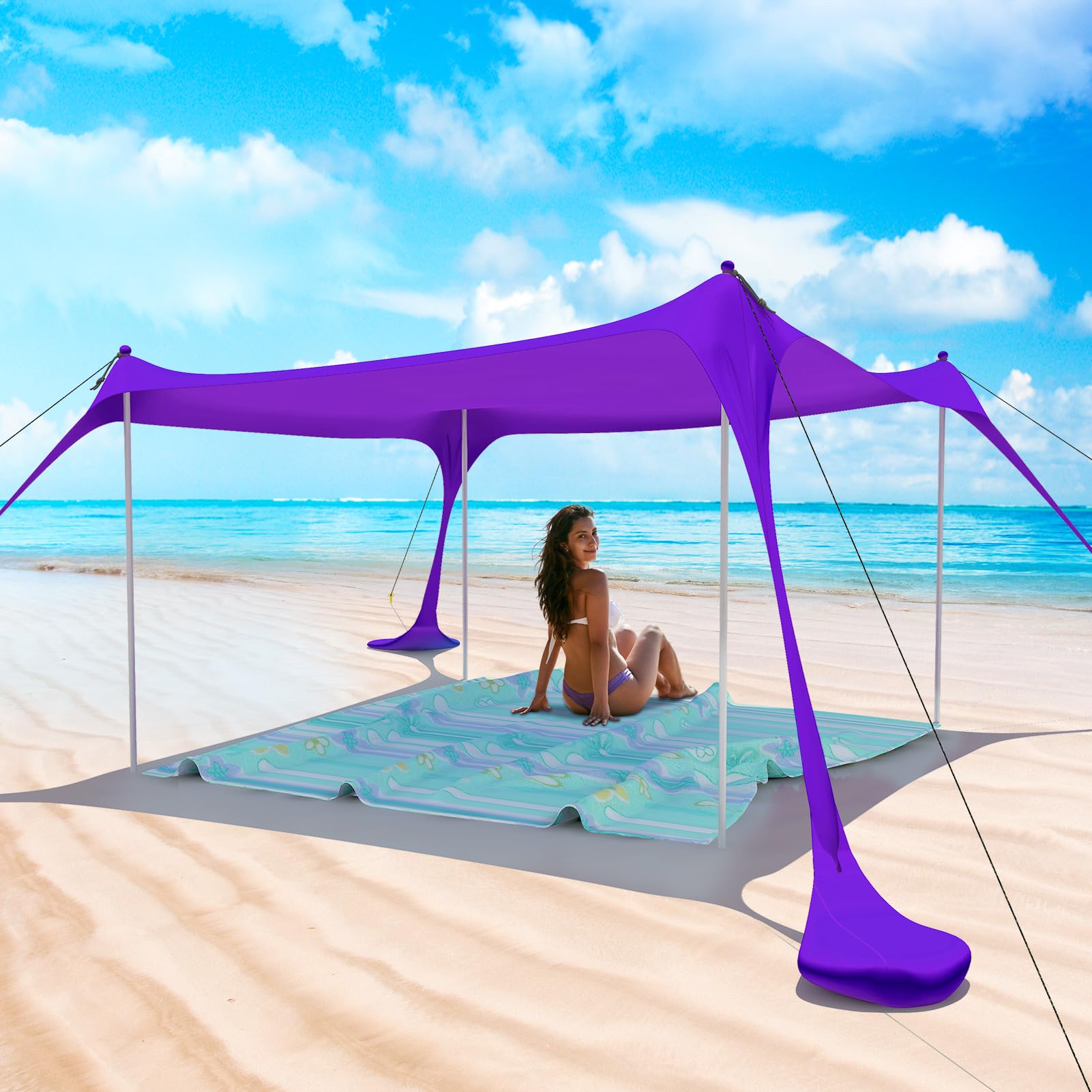 Portable Beach Tent Pop Up Sun Shelter - UPF50+ UV Protection with 4 Stability Poles, Carry Bag & Accessories | Windproof Family Canopy for Camping, Picnics & Beach Days (7×7FT, Purple)