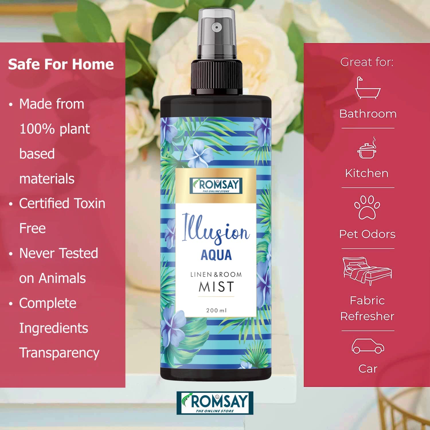 ROMSAY Natural Essential Oil Linen & Air Mist Freshener - 200ML (Pack of 2) | Long-Lasting Fragrance for Home, Bedroom, Car & Office | Lavender & Eucalyptus Scent