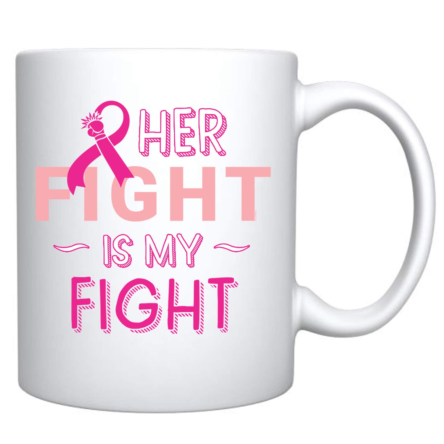 Veracco 'Her Fight Is My Fight' Pink Ribbon Ceramic Coffee Mug - Motivational & Inspirational Gift for Breast Cancer Survivors - 15oz White Ceramic Cup for Coffee, Tea & Hot Drinks - Perfect for Office, Home Use & Cancer Awareness Events