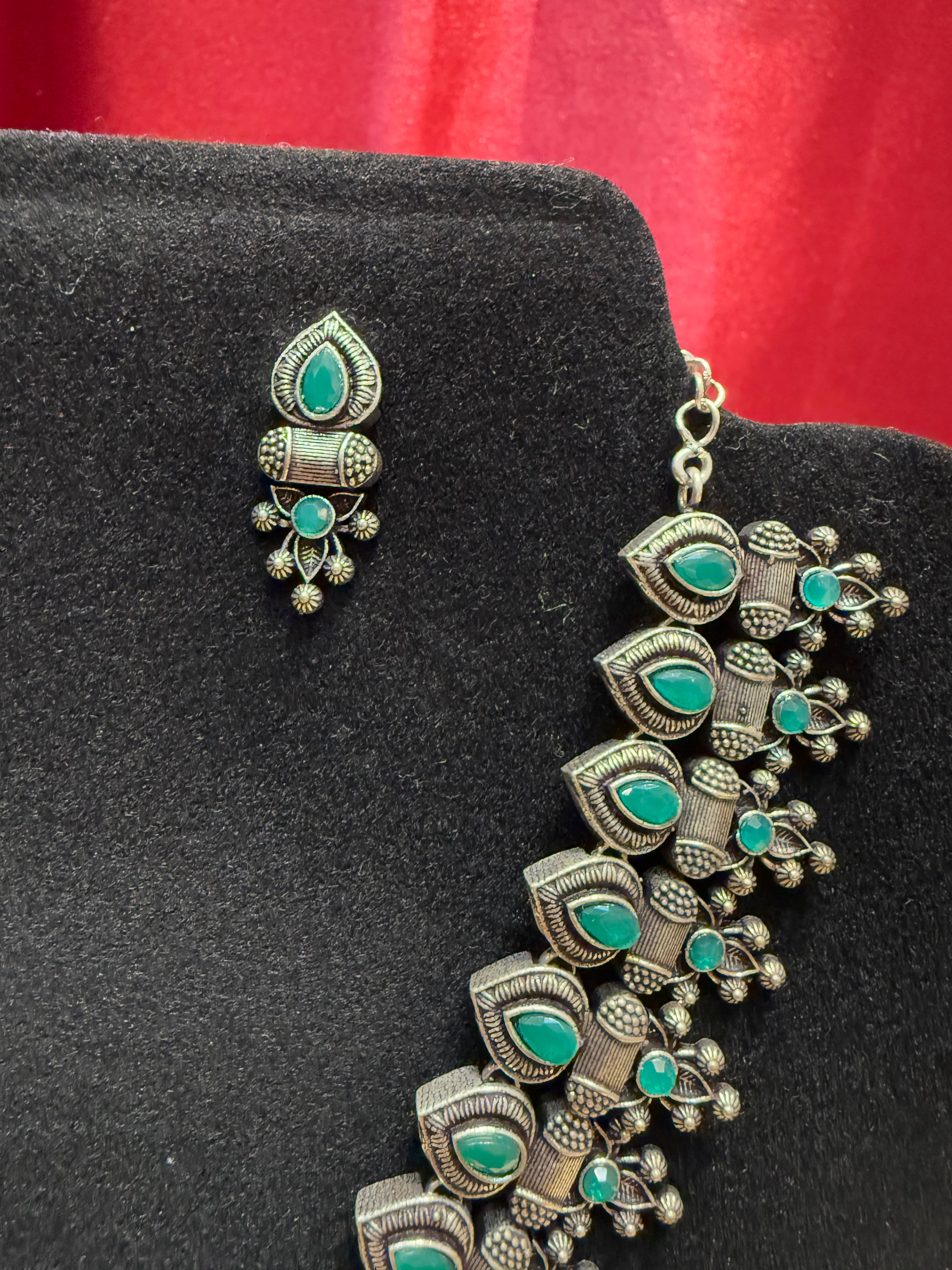 Stunning Green Stone Oxidized Necklace & Earrings Set | Handmade Bohemian Jewelry for Women | Perfect for Parties, Weddings & Everyday Wear
