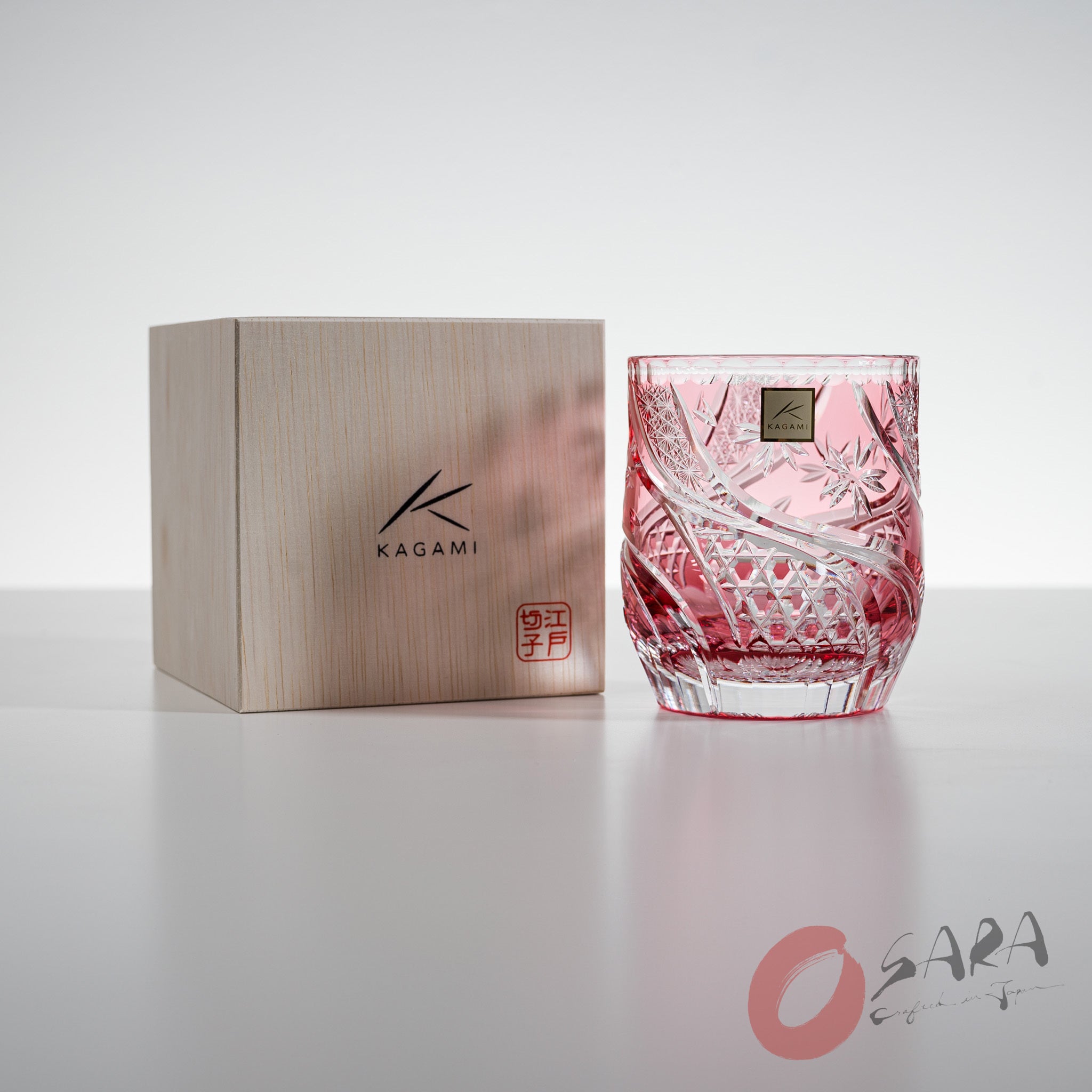 KAGAMI Edo Kiriko Crystal Rock Glass with Floating Cherry Blossoms - Elegant Pink Japanese Whiskey Tumbler for Cocktails, Home Bar Decor & Gift Giving