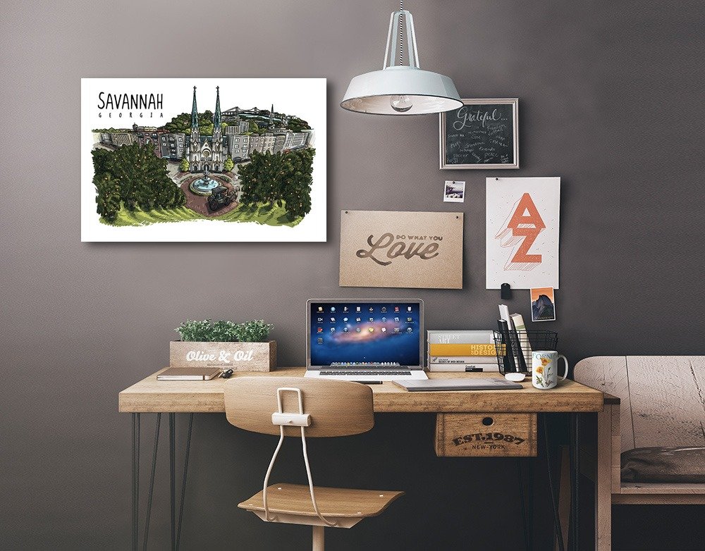 Savannah Georgia Peach Trees Line Drawing Art - 16x24 Wrapped Canvas Wall Decor for Living Room, Bedroom & Office