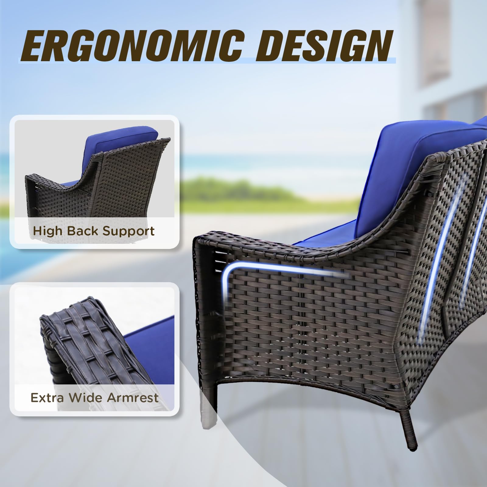 Stone Creek 3-Seater Wicker Patio Sofa Set with Cushions - Outdoor Loveseat Furniture for Backyard, Deck, Porch - Weather-Resistant Brown/Blue Wicker Couch - Perfect for Relaxing, Entertaining & Outdoor Lounging