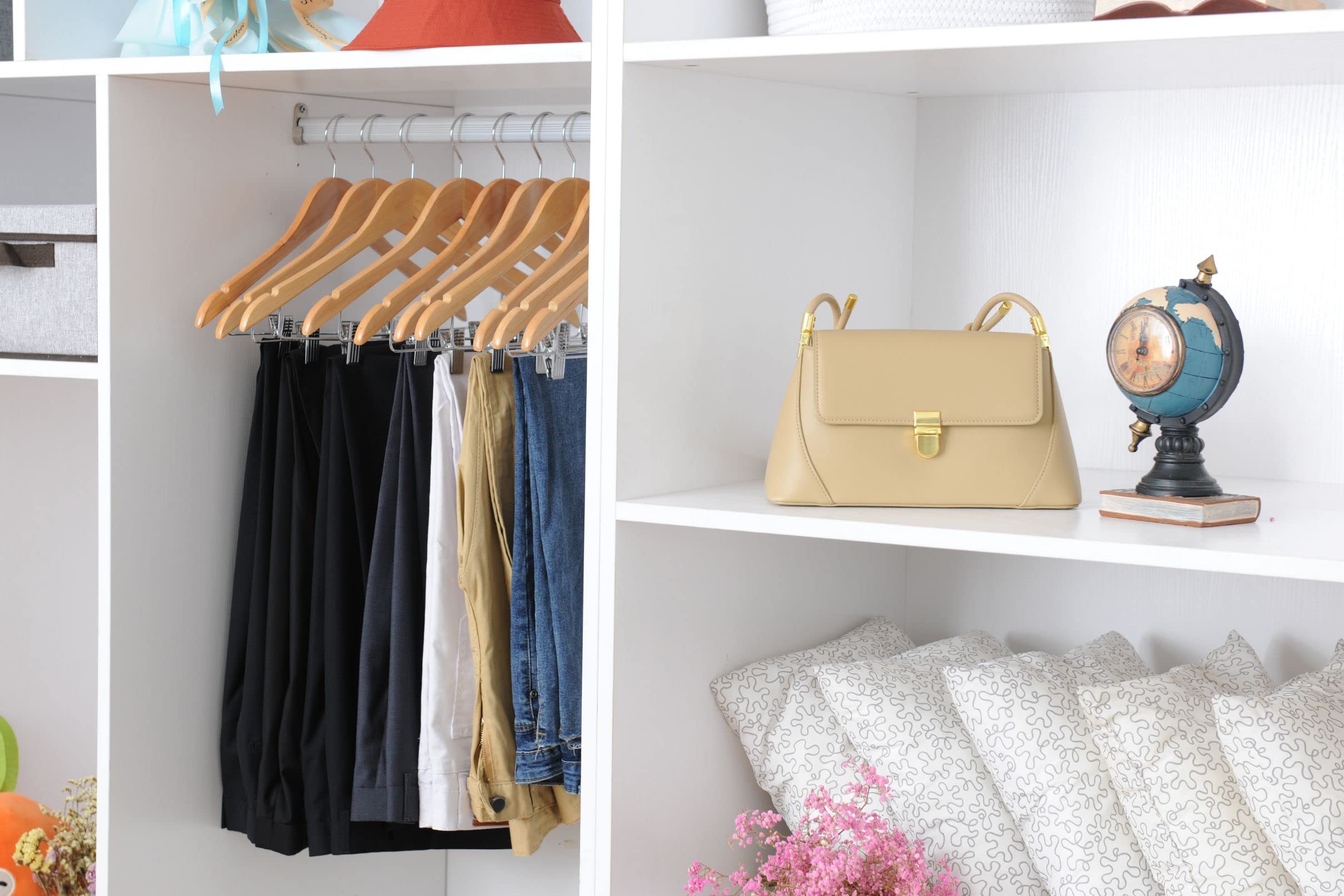 Premium 80-Pack Natural Wooden Skirt Hangers with Adjustable Chrome Metal Clips & Swivel Hook - Space-Saving Closet Organizer for Pants, Coats, Jackets, Blouses & Suits - Perfect for Home, Retail Stores & Dry Cleaning Businesses