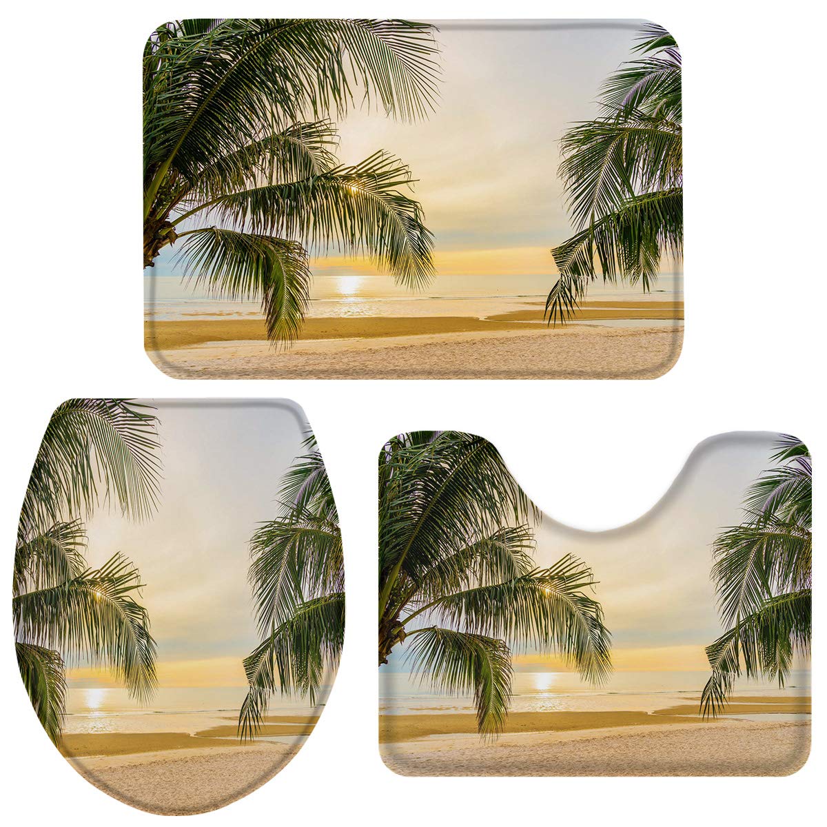 OneHoney 3-Piece Bath Rug Set - Non-Slip Ocean Tropical Palm Tree Bathroom Mats with U-Shaped Toilet Floor Mat & Seat Cover - Coastal Beach Sunset Decor for Bathroom Safety and Style