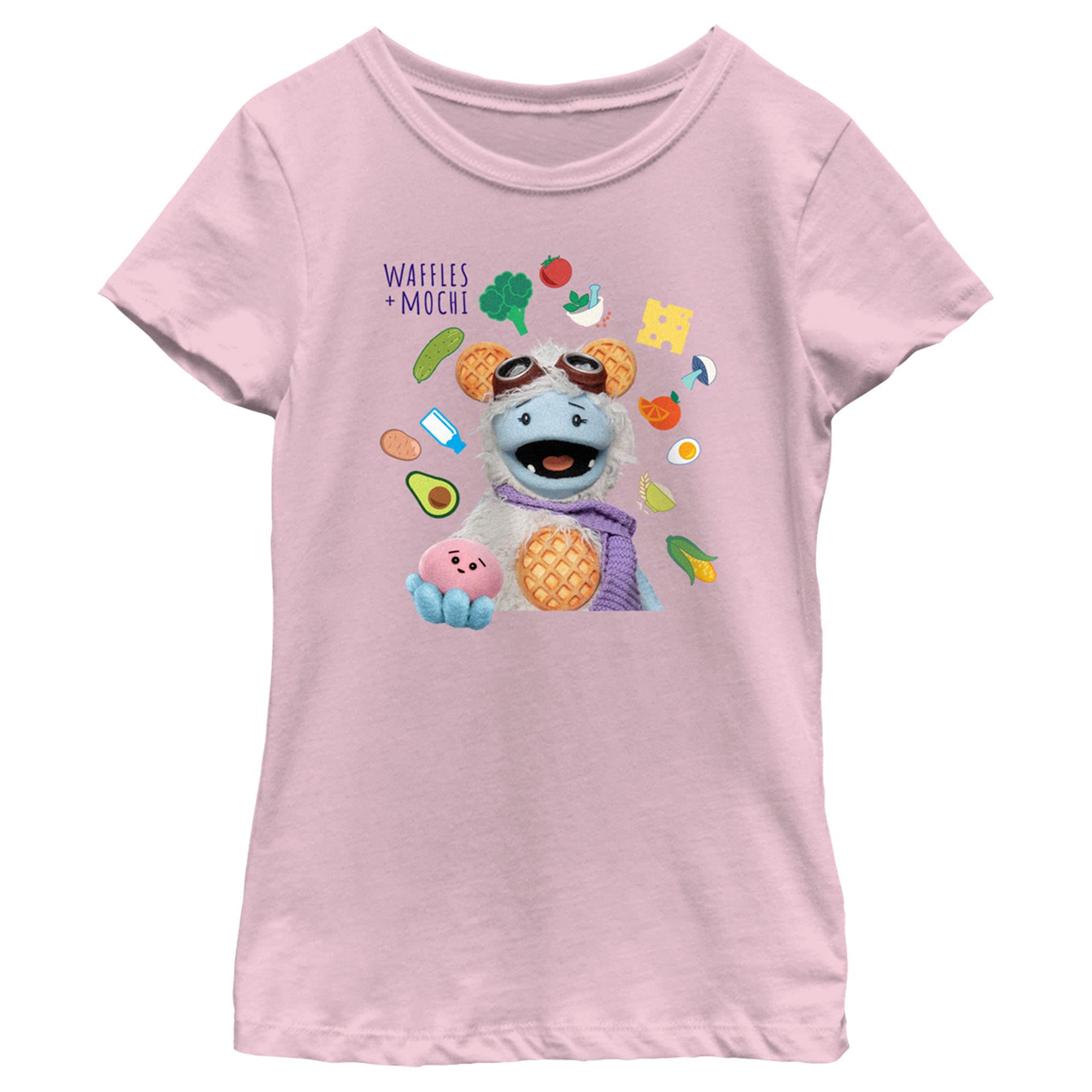 Fifth Sun Waffles + Mochi Flying Foods Girls Short Sleeve Graphic Tee Shirt - Cute Anime Food Themed Cotton T-Shirt for Kids, Toddler & Youth - Perfect for School, Playdates & Casual Outfits