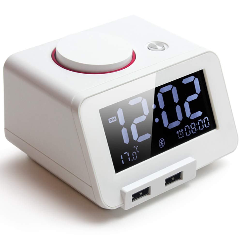 Upgraded Homtime Bluetooth Alarm Clock with USB Charger - Large Dimmable LCD Display, Built-in Thermometer & Snooze Function - Perfect for Bedroom, Home Office & Hotel Use (White)