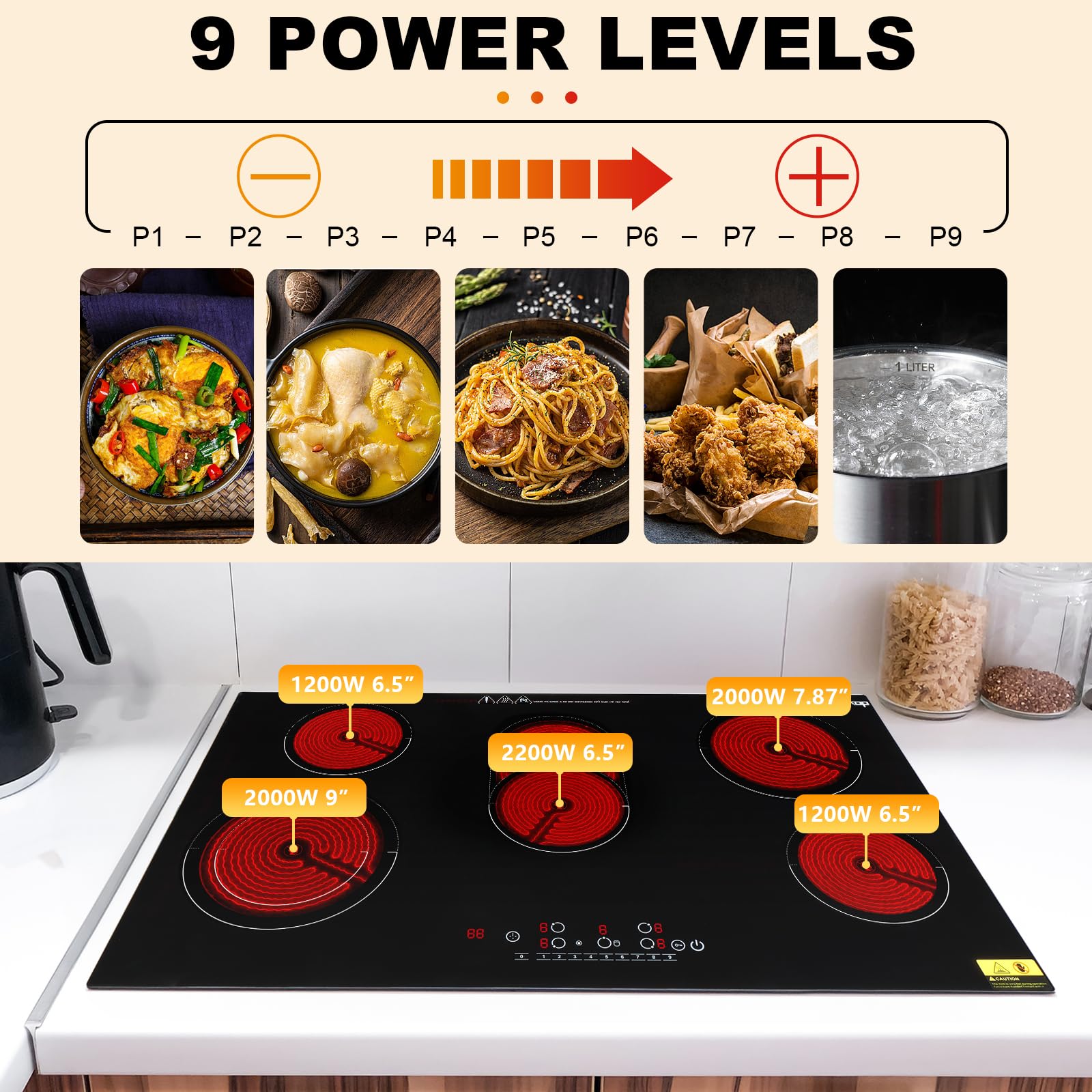 Winado 35 Inch 5 Burner Electric Ceramic Cooktop - 8600W, 220-240V Flat Top Stove with 9 Heating Levels, Timer, Child Safety Lock & Sensor Touch Control - Perfect for Home Kitchen, Restaurant & RV Cooking
