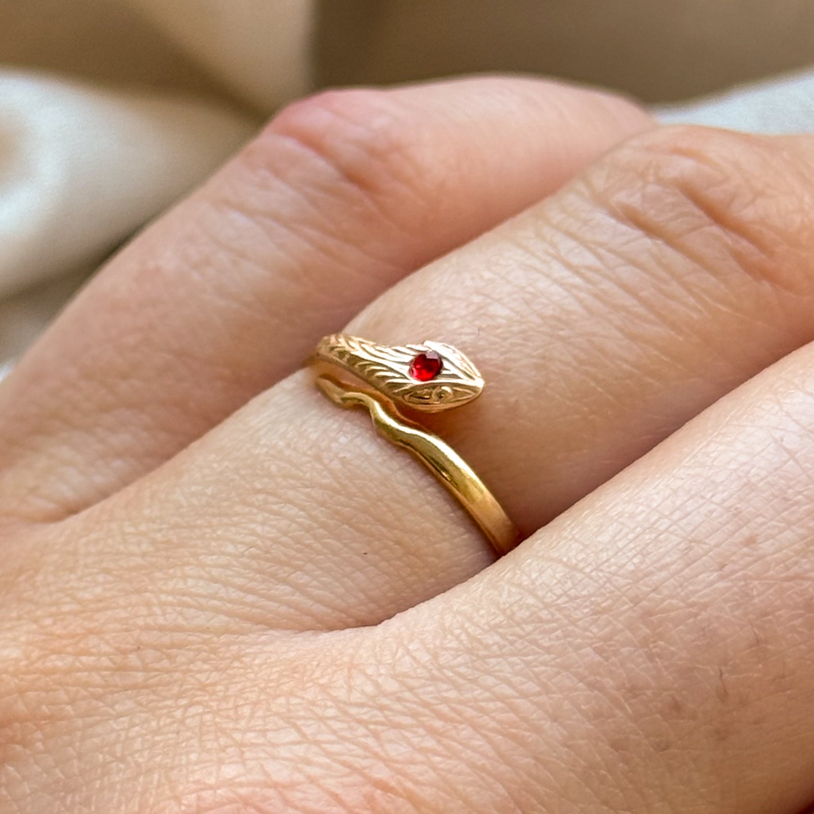 Elegant Red Glass Snake Ring with 0.02ct Sparkle | Size 4.5 | Perfect for Gothic Fashion, Halloween Costume & Unique Gift Giving