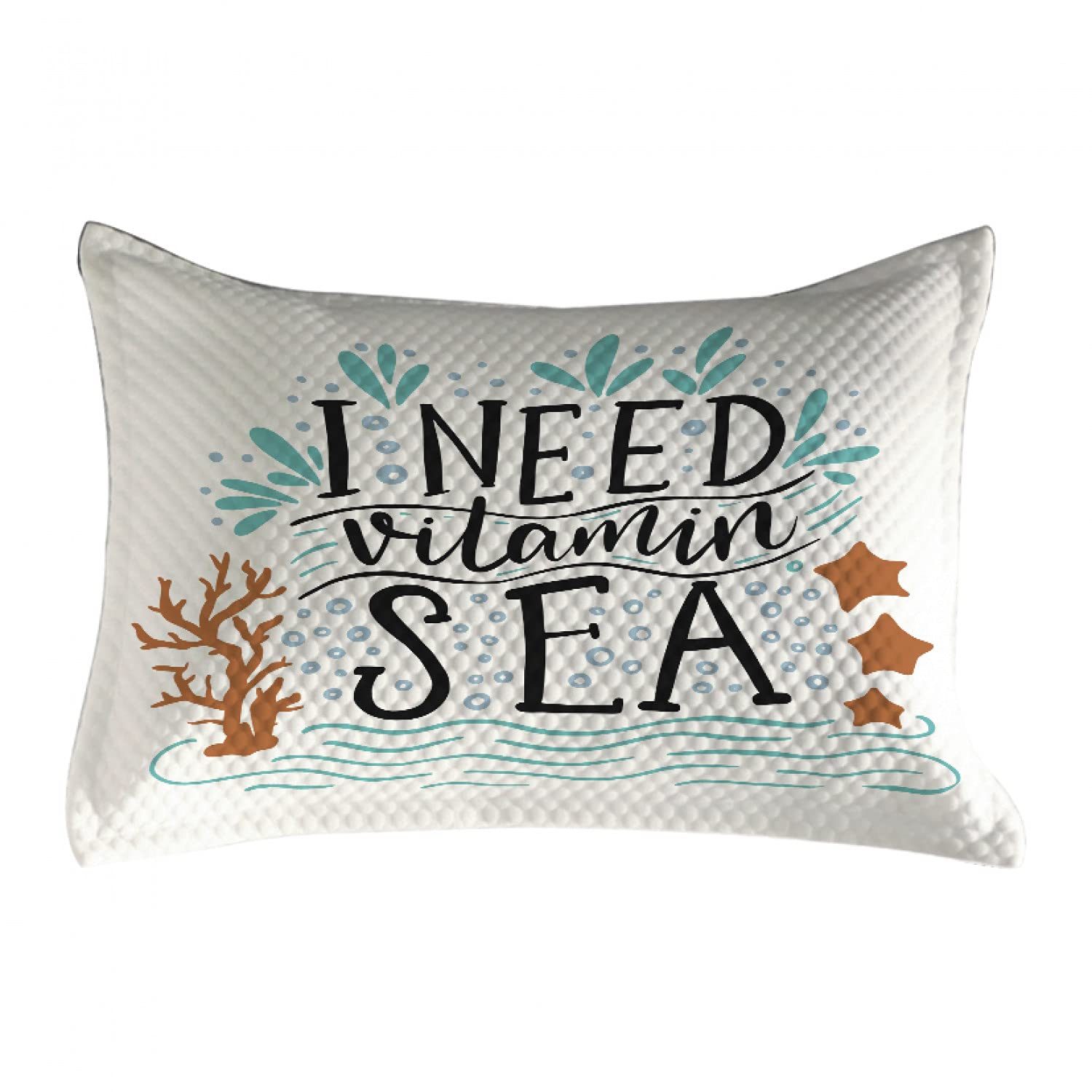 Ambesonne Vitamin Sea Quilted Pillow Cover - Hand Drawn Coral Waves, Starfish & Bubbles Design - Inspirational Beach Decor - Standard Queen Size 30x20 Inch - Multicolor Accent Pillow for Bedroom, Living Room & Coastal Home Decor