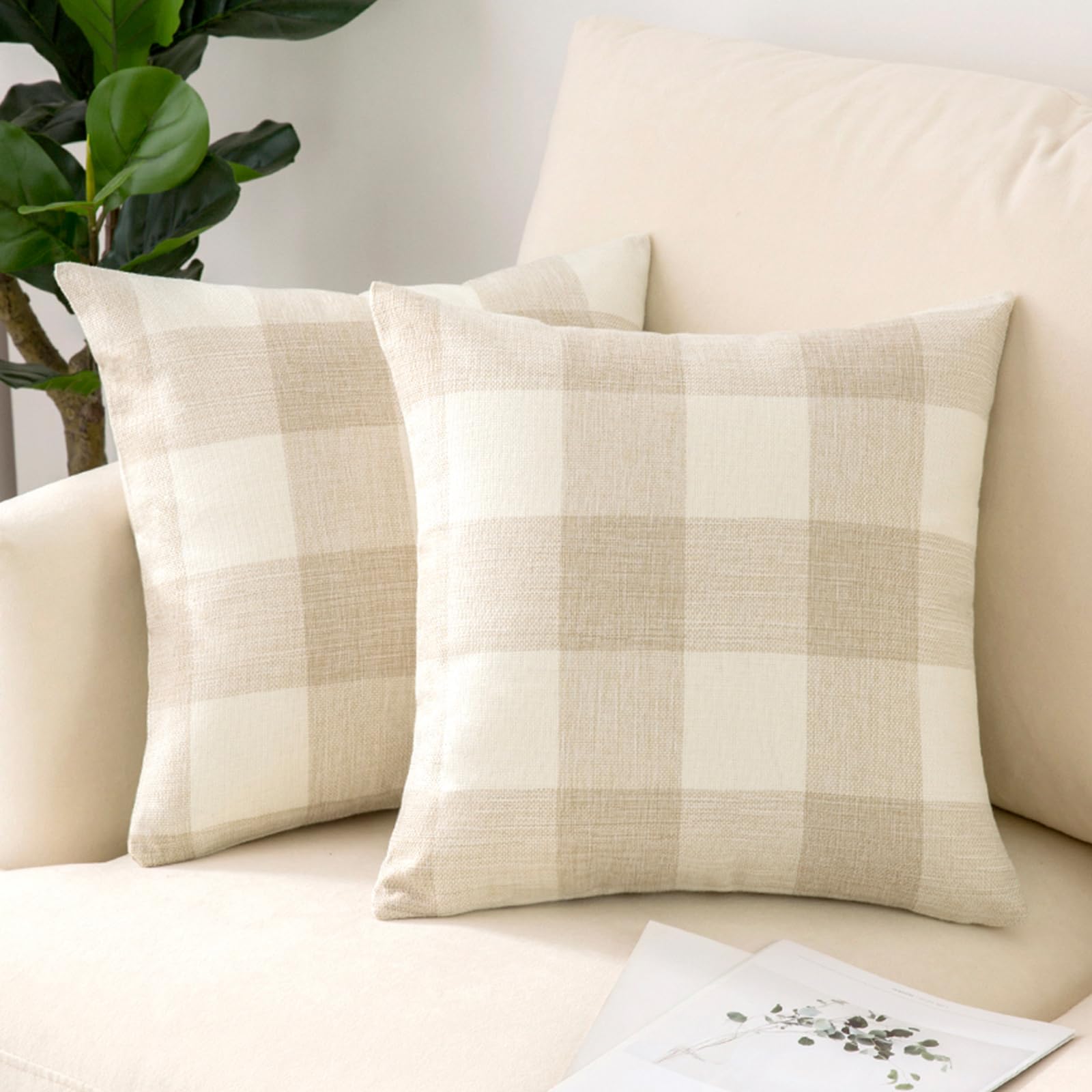 Woaboy 2-Pack Buffalo Check Throw Pillow Covers - 20x20 Inch Farmhouse Plaid Linen Cushion Cases for Sofa & Bedroom - Soft Decorative Home Decor in Cream White | Perfect for Cozy Living Room, Rustic Bedroom & Seasonal Home Styling