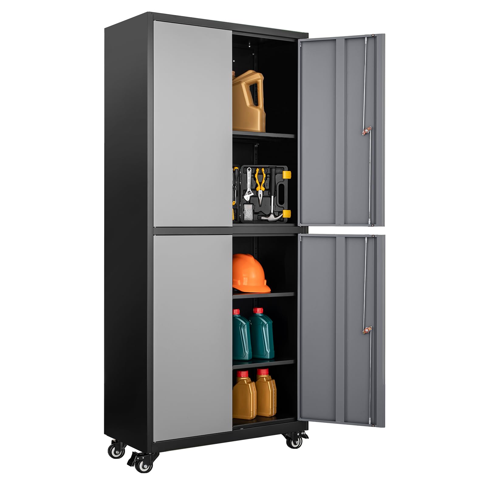 Heavy Duty Rolling Metal Storage Cabinet with Adjustable Shelves & Lockable Doors - Black & Gray Tool Cabinet for Garage, Workshop & Home Organization