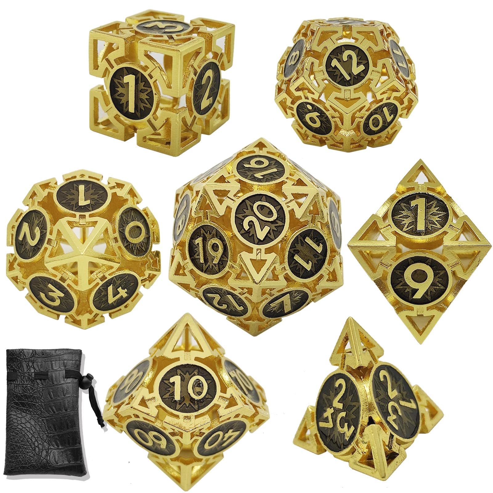 Premium Metal Hollow D&D Dice Set - Dungeons & Dragons RPG Polyhedral Dice (D20, D12, D10, D8, D6, D4) for Tabletop Games, MTG, Pathfinder - Gold & Black Finish with Storage Bag - Perfect for Gifts & Game Nights
